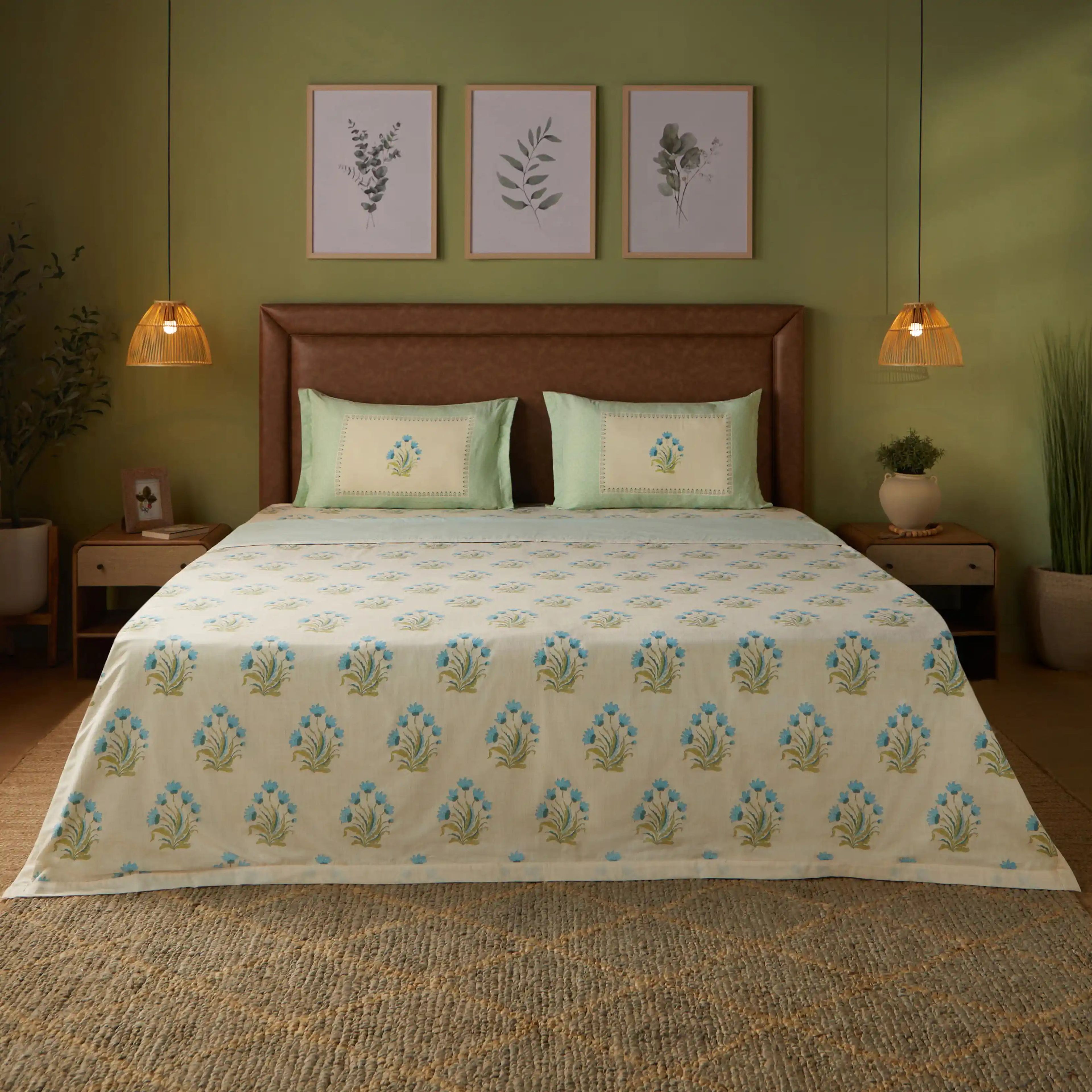 Chippa Lane | Contemporary Indian Print Design Coordinated Bedding Set | Set of Bedsheet & Dohar-Indian Sage