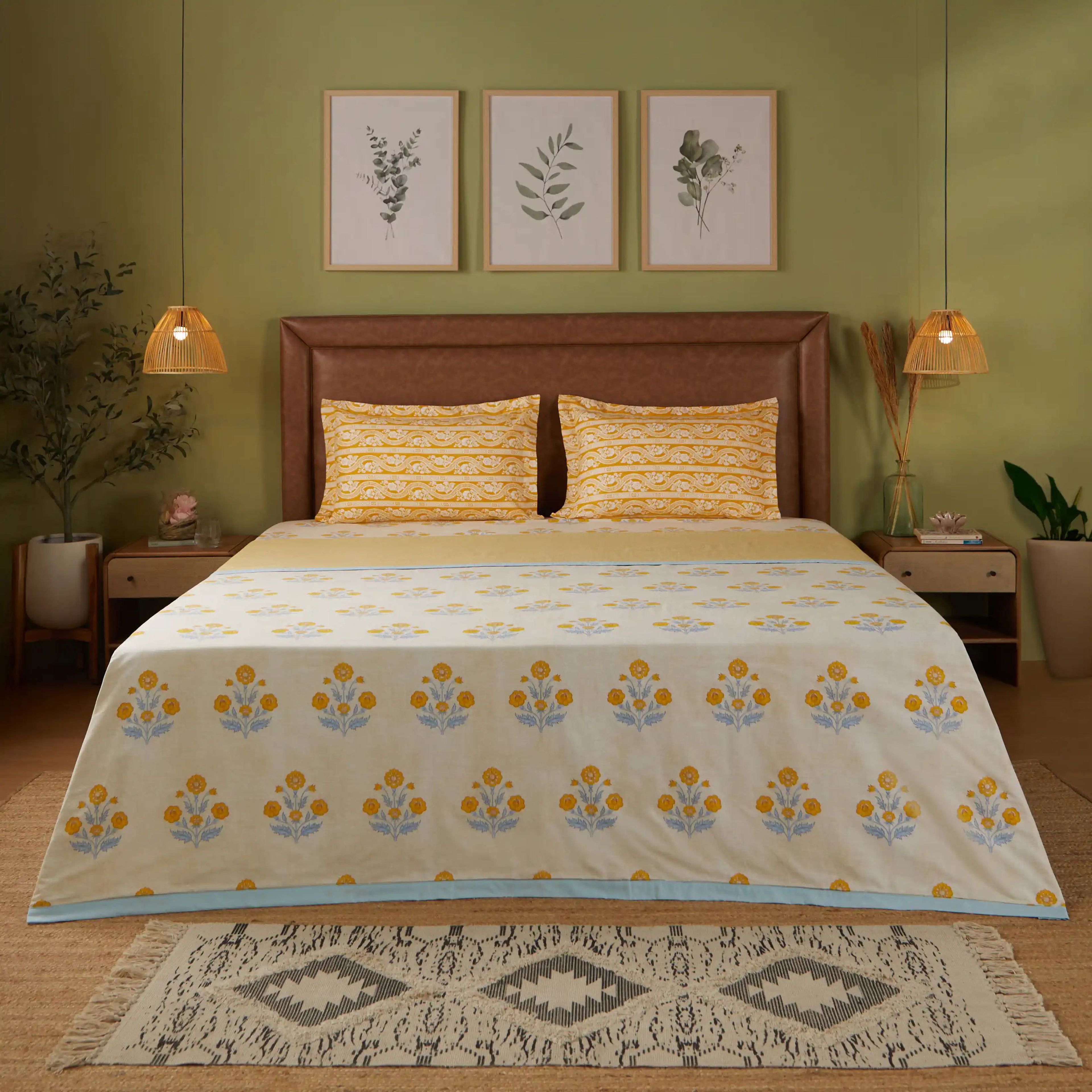 Chippa Lane | Contemporary Indian Print Design Coordinated Bedding Set | Set of Bedsheet & Dohar-Ochre