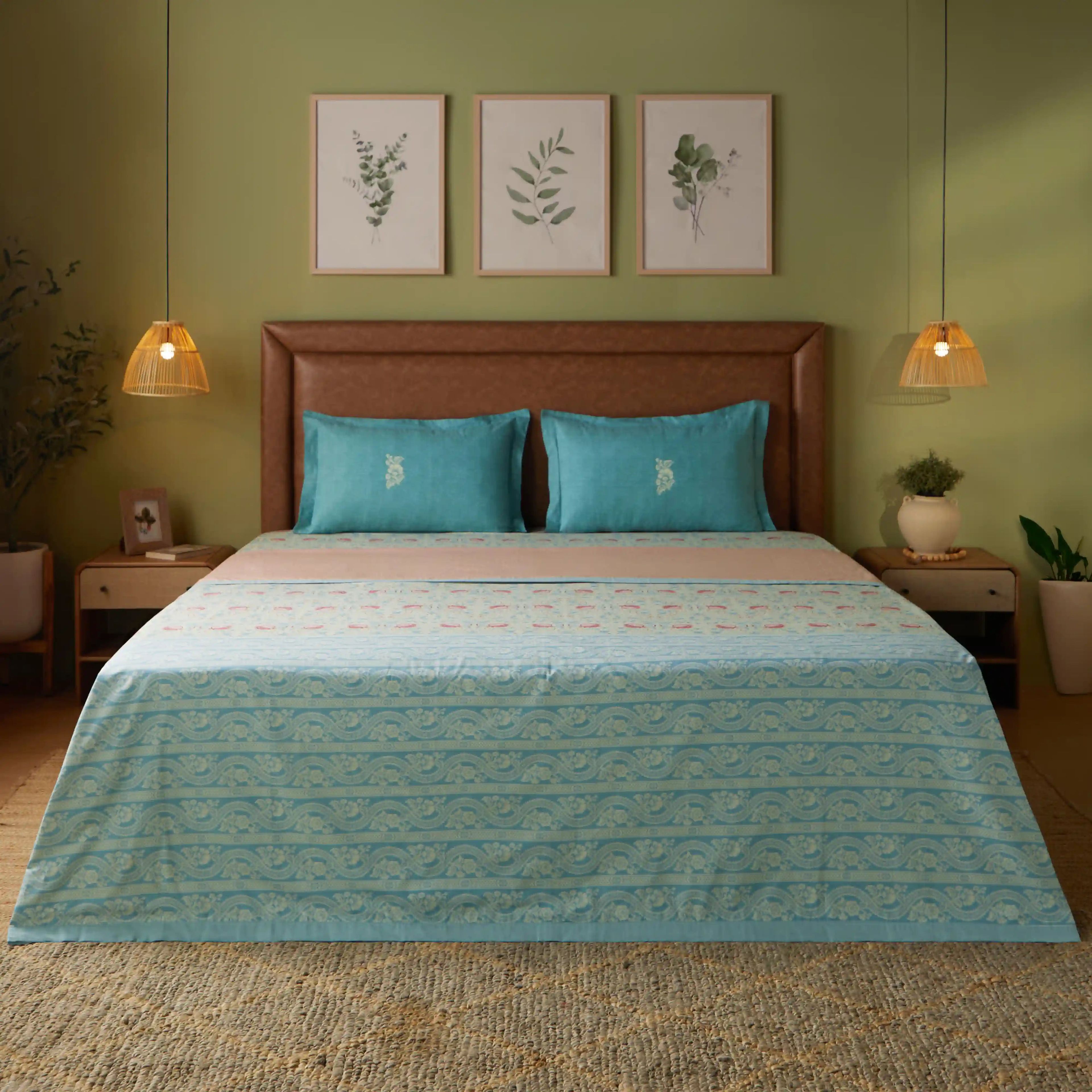 Chippa Lane | Contemporary Indian Print Design Coordinated Bedding Set | Set of Bedsheet & Dohar-Light Blue