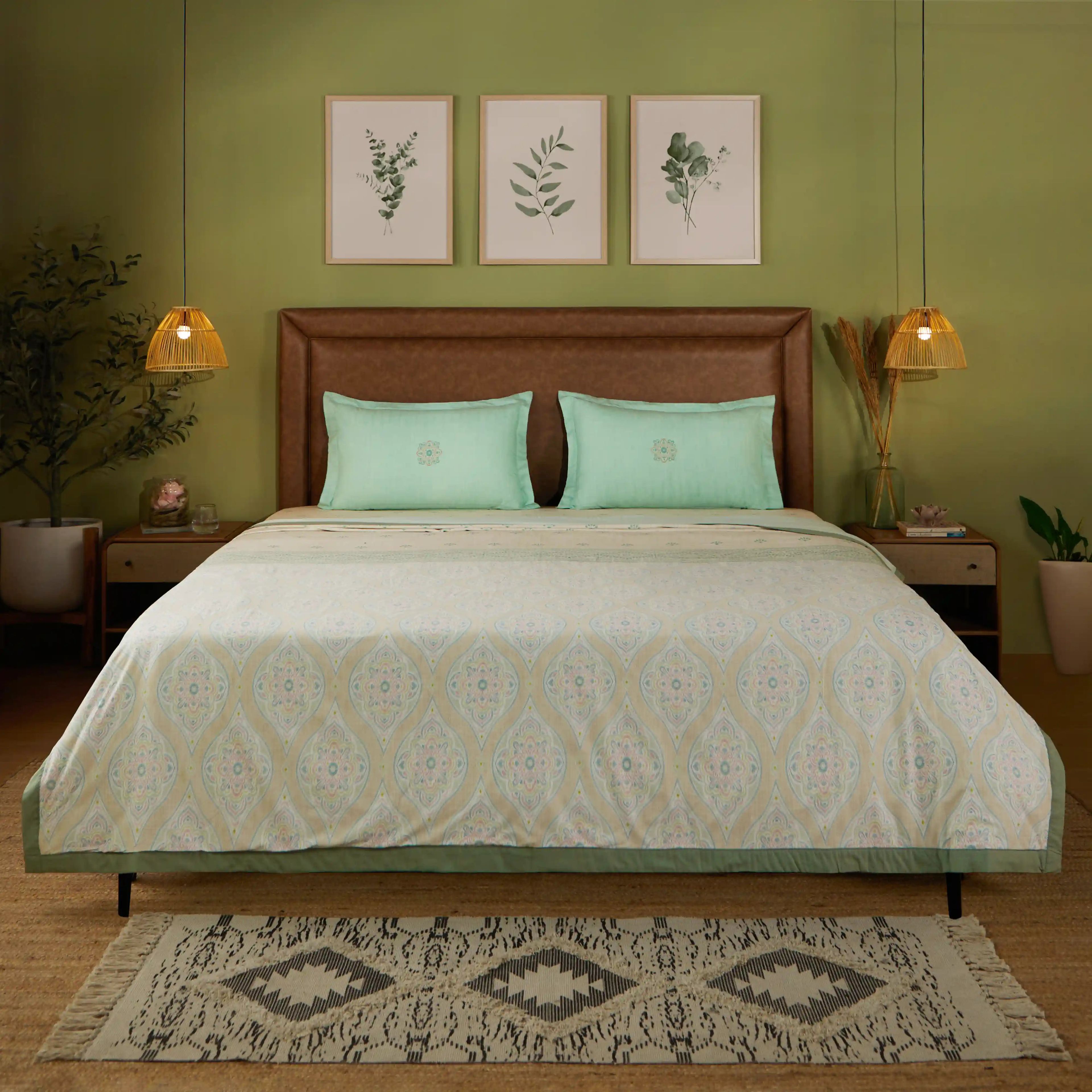 Chippa Lane | Contemporary Indian Print Design Coordinated Bedding Set | Set of Bedsheet & Dohar-Sage