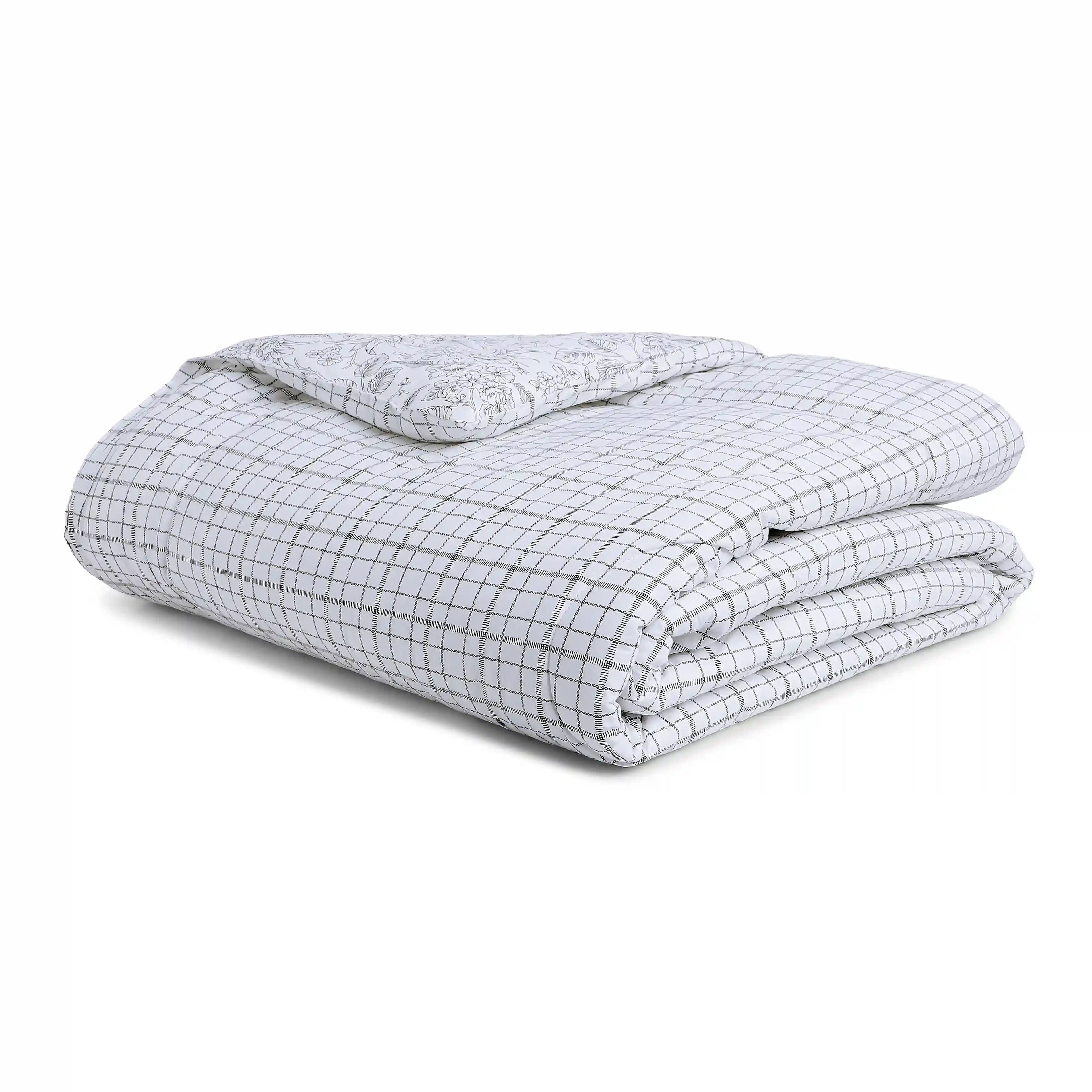 Mishella | Mix & Match Printed Coordinated Bedding Set | Set of Bedsheet & Comforter - Charcoal Checks