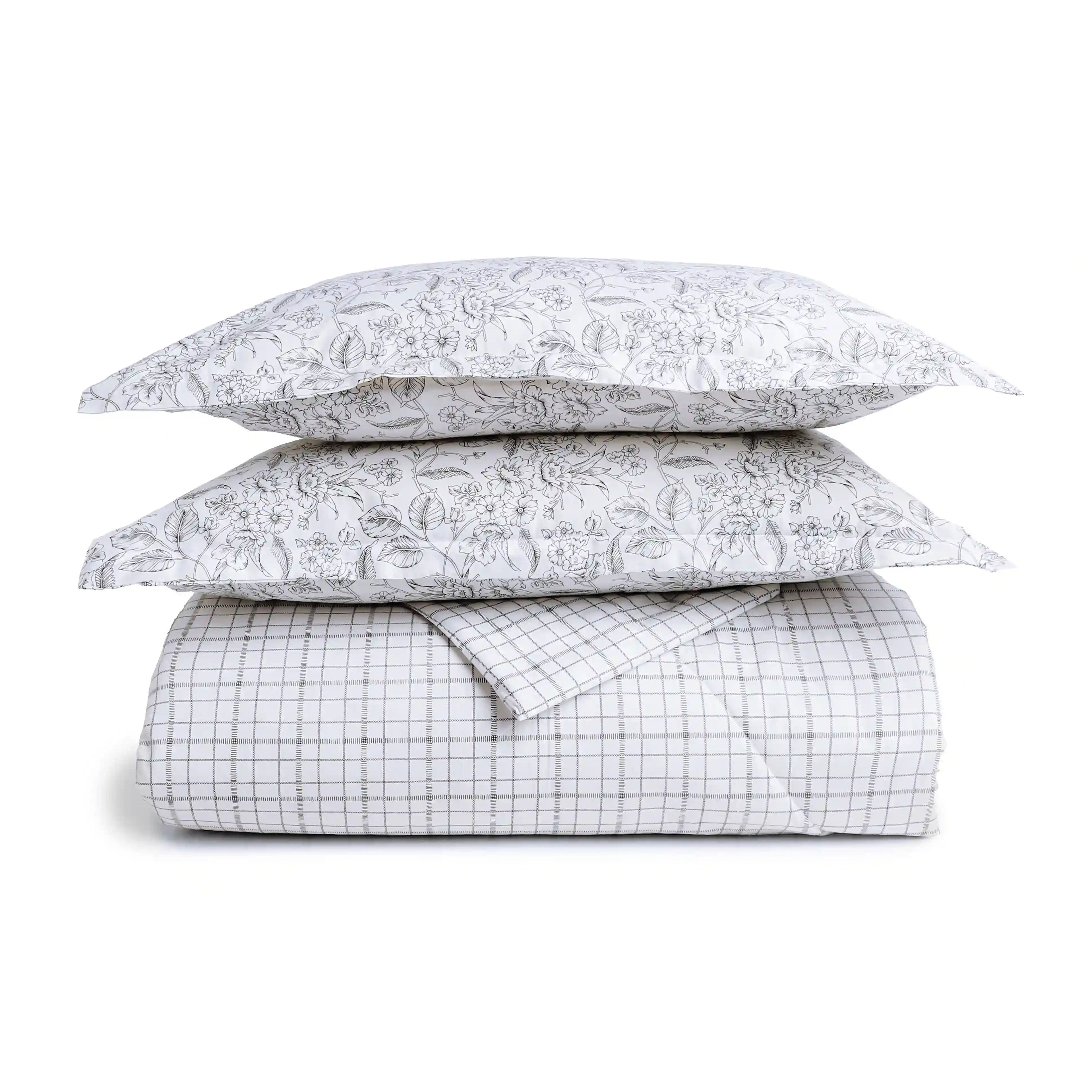 Mishella | Mix & Match Printed Coordinated Bedding Set | Set of Bedsheet & Comforter - Charcoal Checks