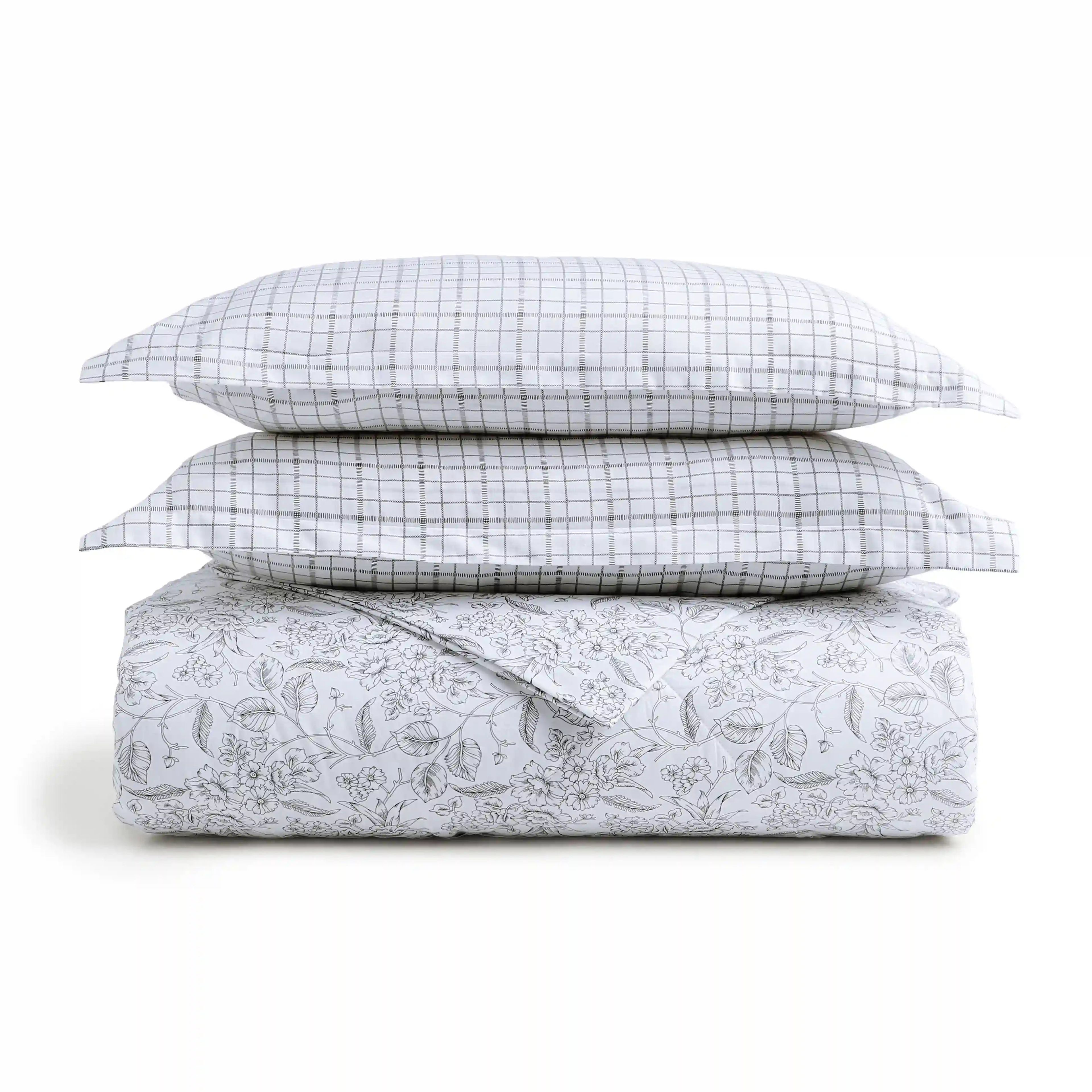 Mishella | Mix & Match Printed Coordinated Bedding Set | Set of Bedsheet & Comforter - Charcoal Bloom