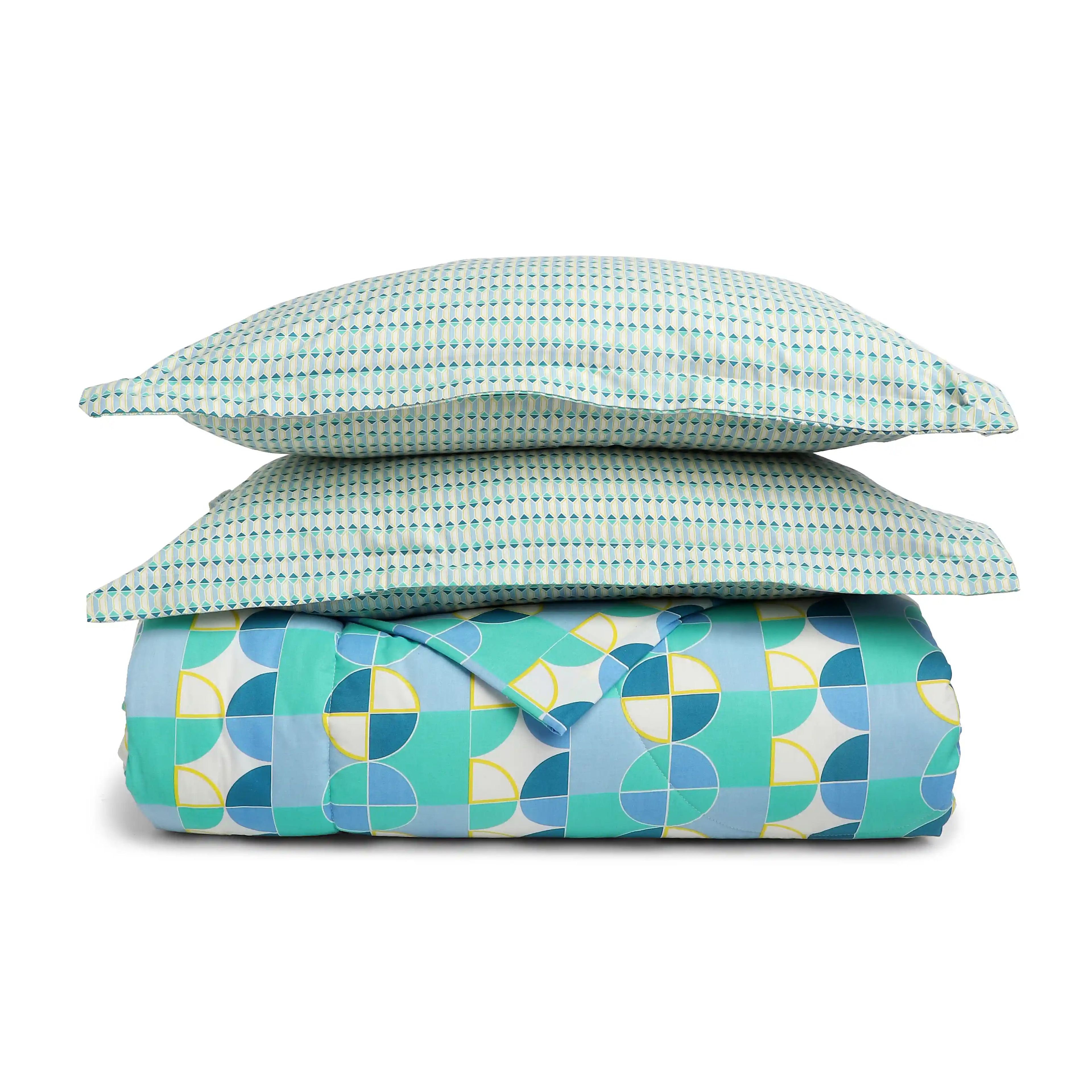 Mishella | Mix & Match Printed Coordinated Bedding Set | Set of Bedsheet & Comforter - Orbit Teal