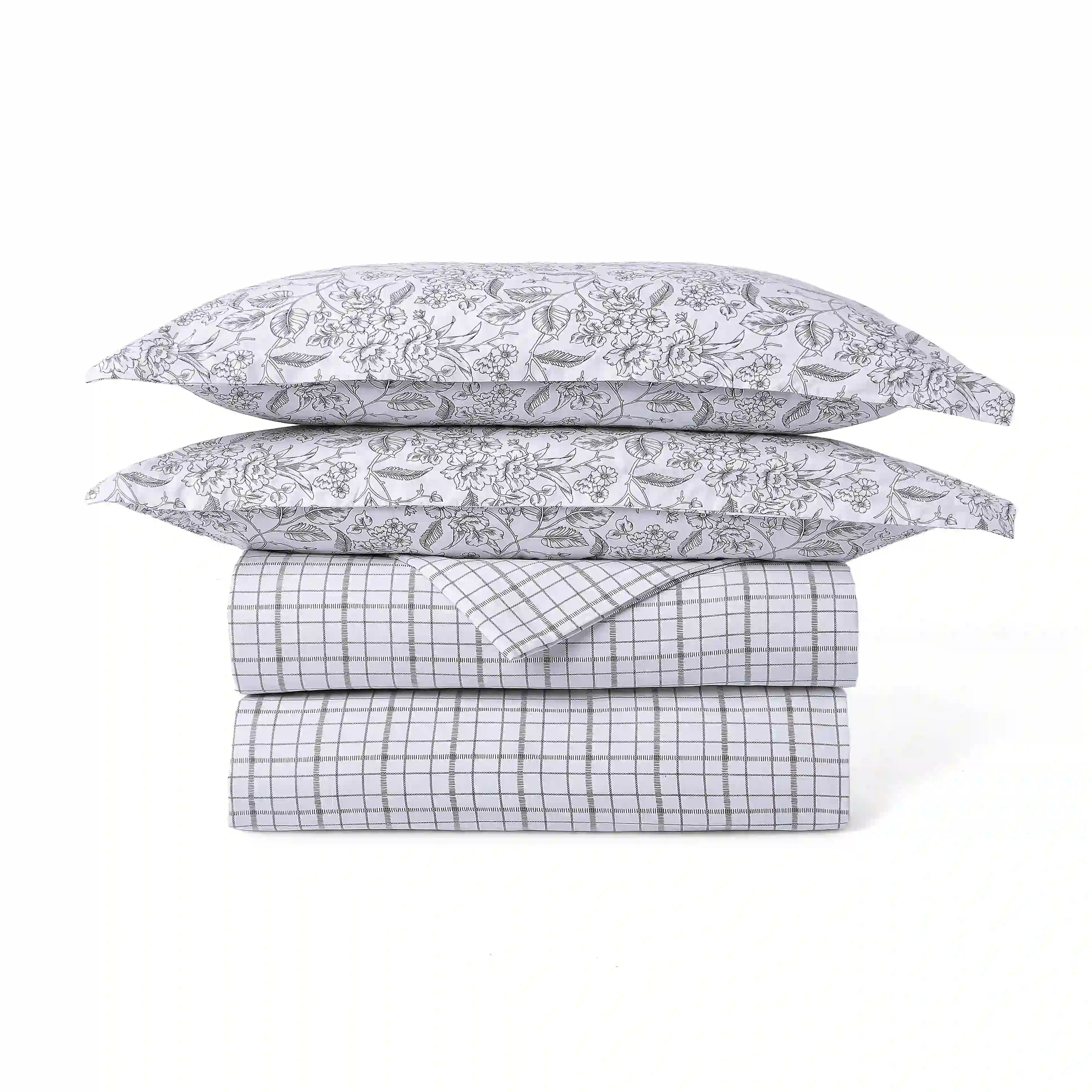 Mishella | Mix & Match Printed Coordinated Bedding Set | Set of Bedsheet & Dohars - Charcoal Checks