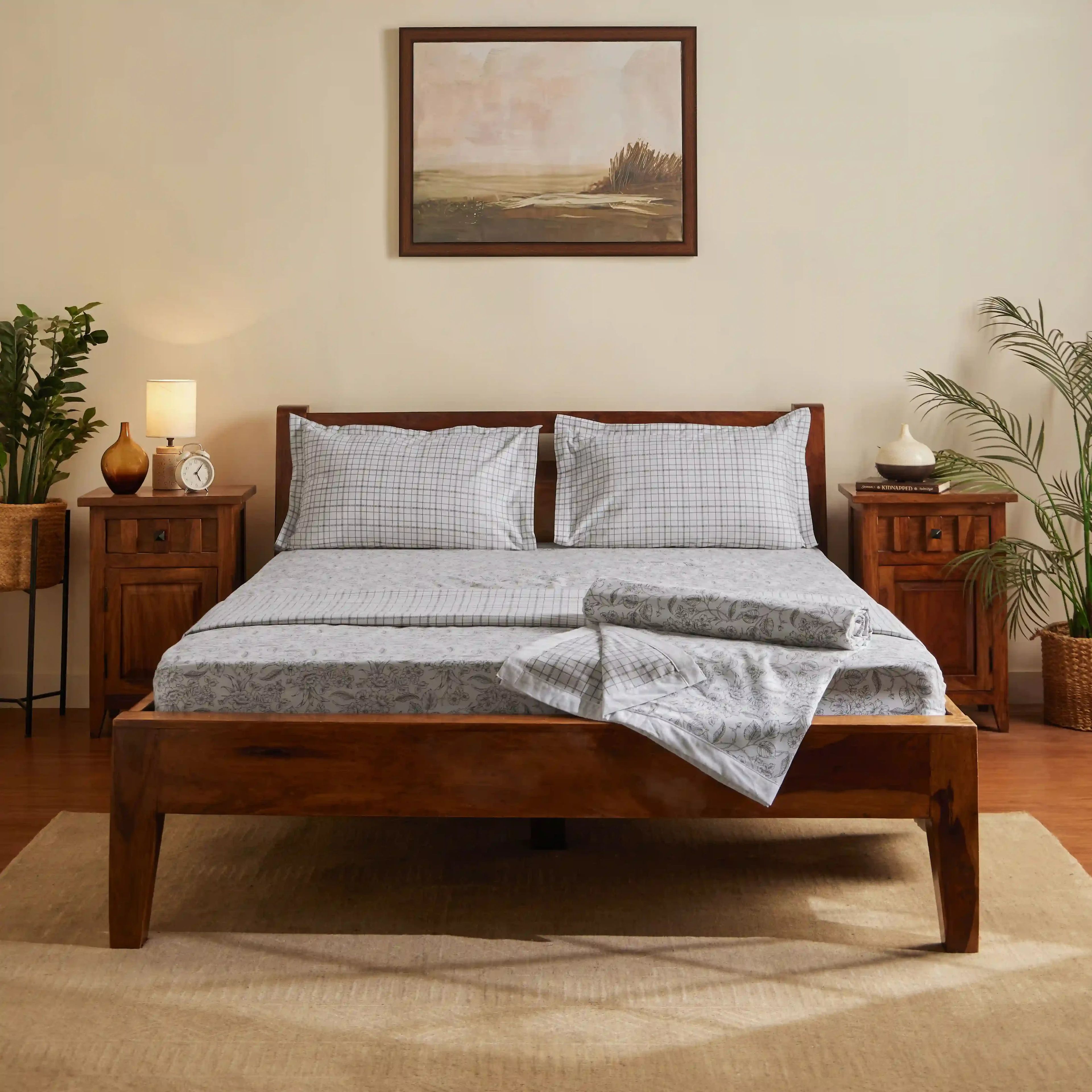 Mishella | Mix & Match Printed Coordinated Bedding Set | Set of Bedsheet & Dohars - Charcoal Bloom