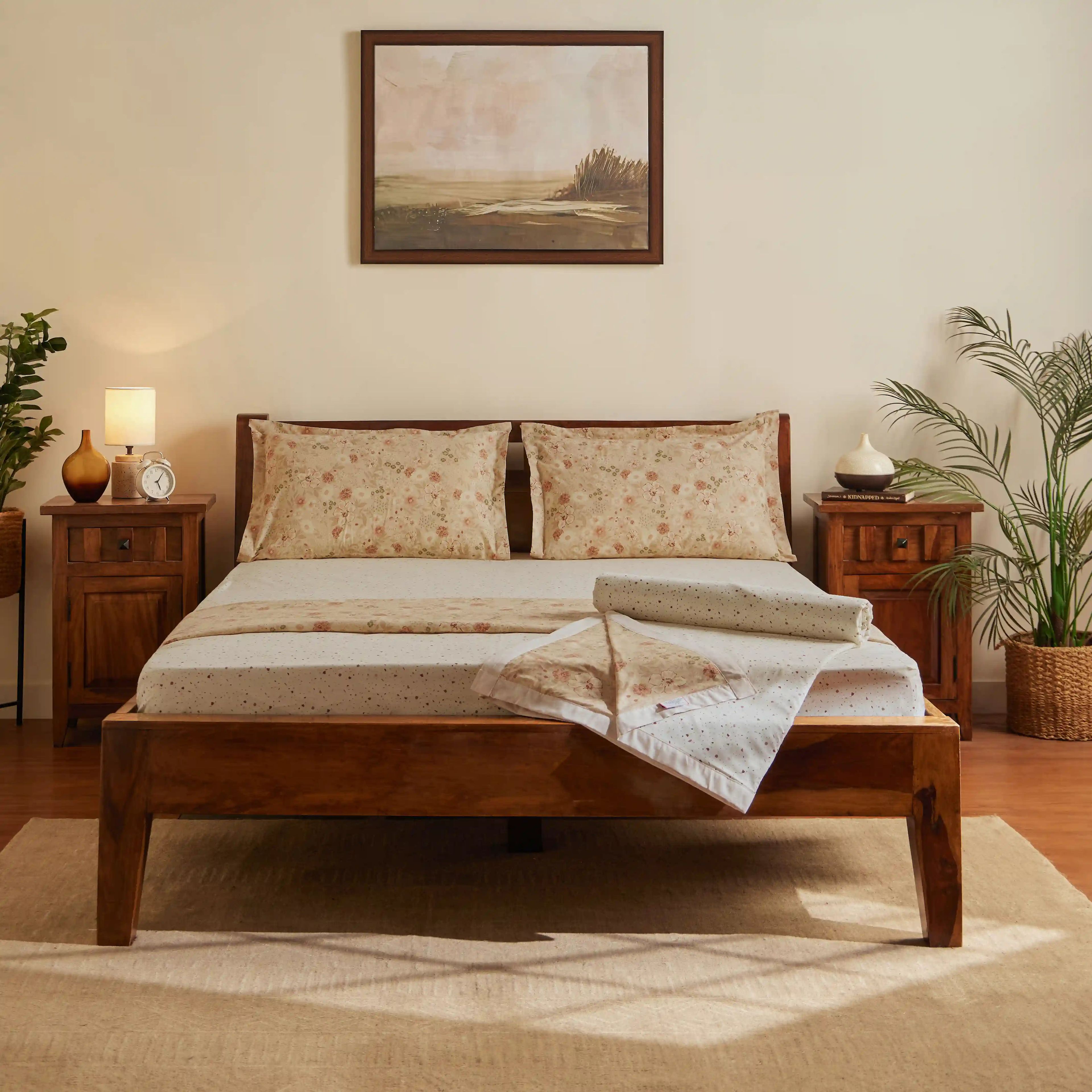 Mishella | Mix & Match Printed Coordinated Bedding Set | Set of Bedsheet & Dohars - Cream