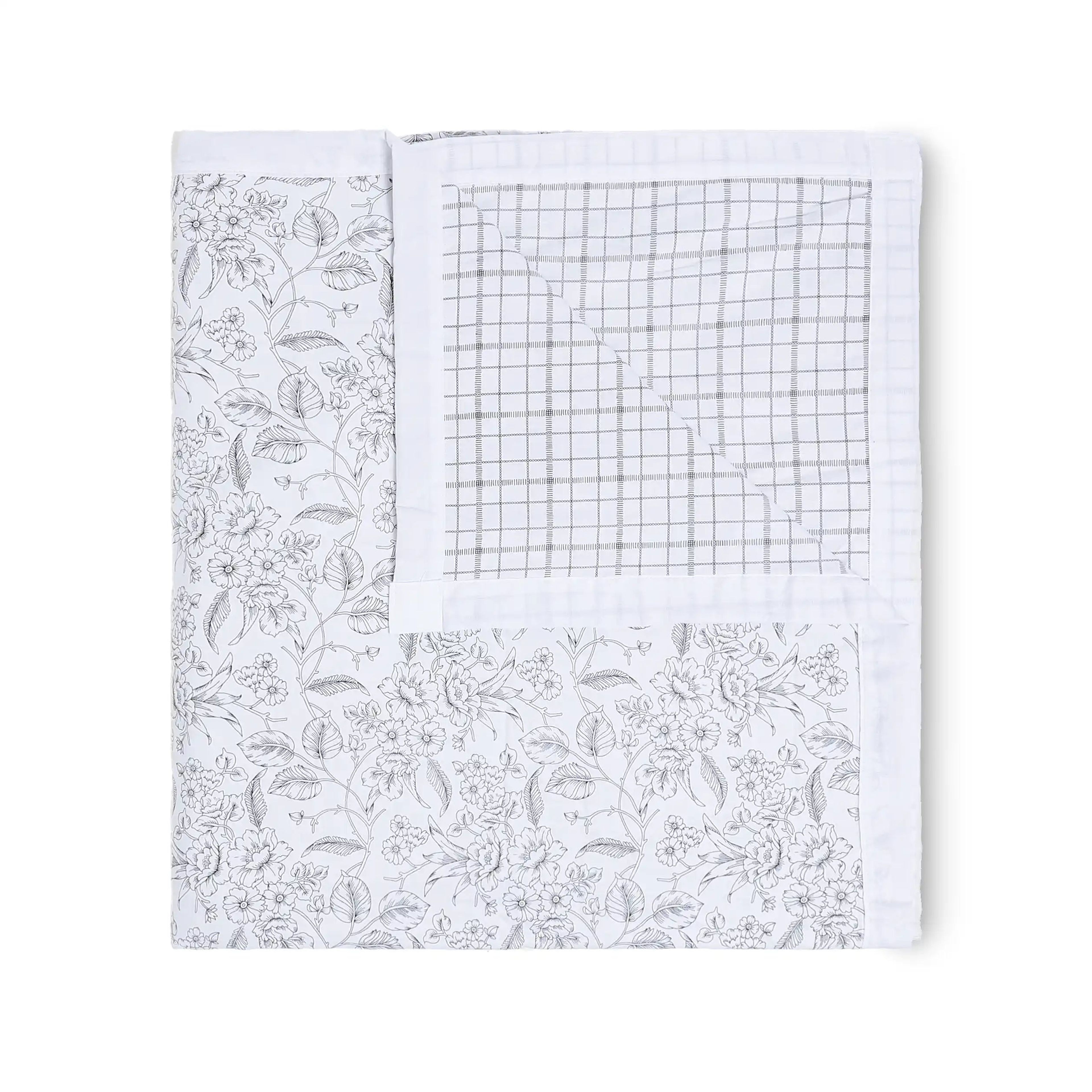 Mishella | Mix & Match Printed Reversible Dohar with Super Soft Flannel Layering - Charcoal Bloom