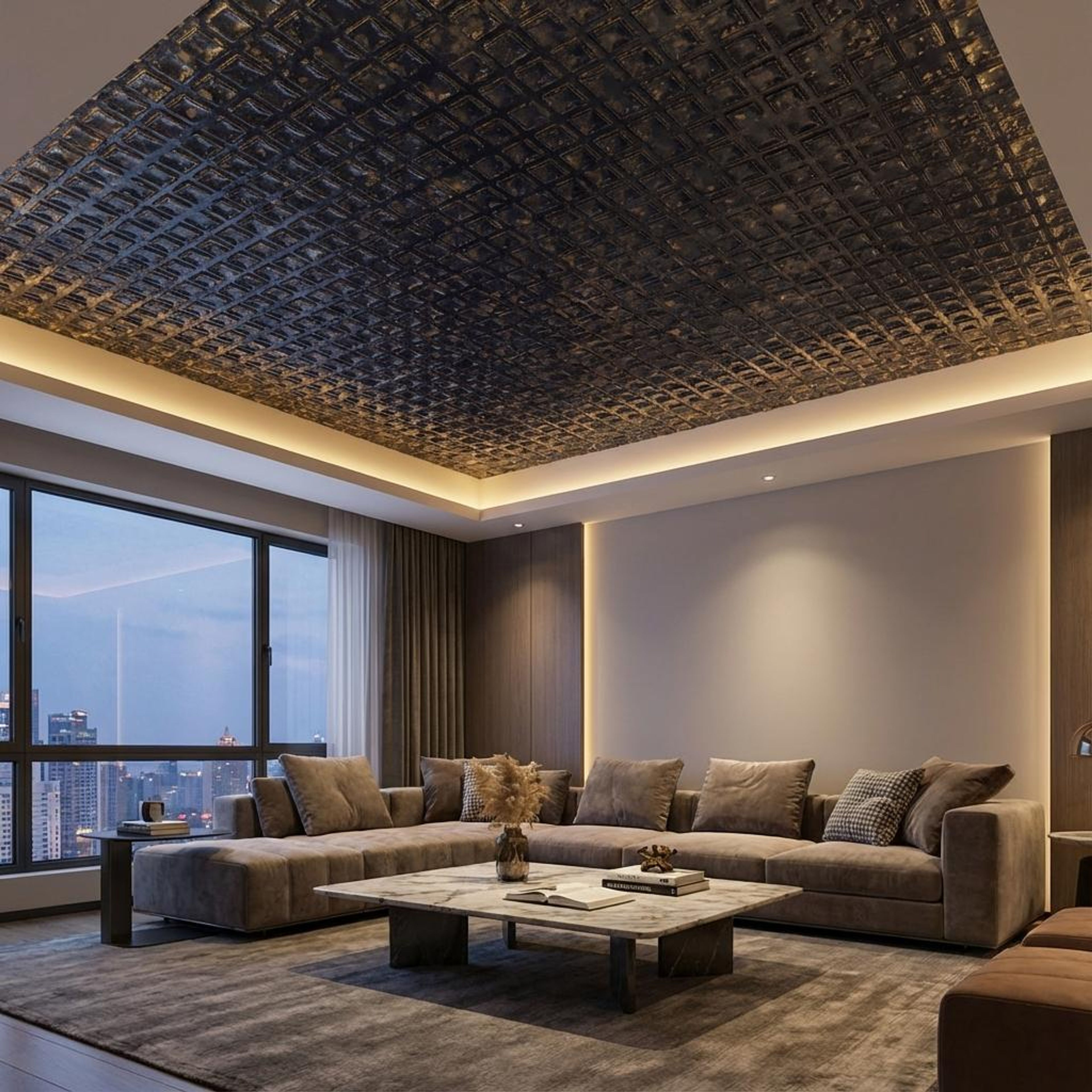 Gothic Midnight Gold - Greek Geometric - Gold, Brown - Decorative Ceiling Panel - 2 ft x 2 ft