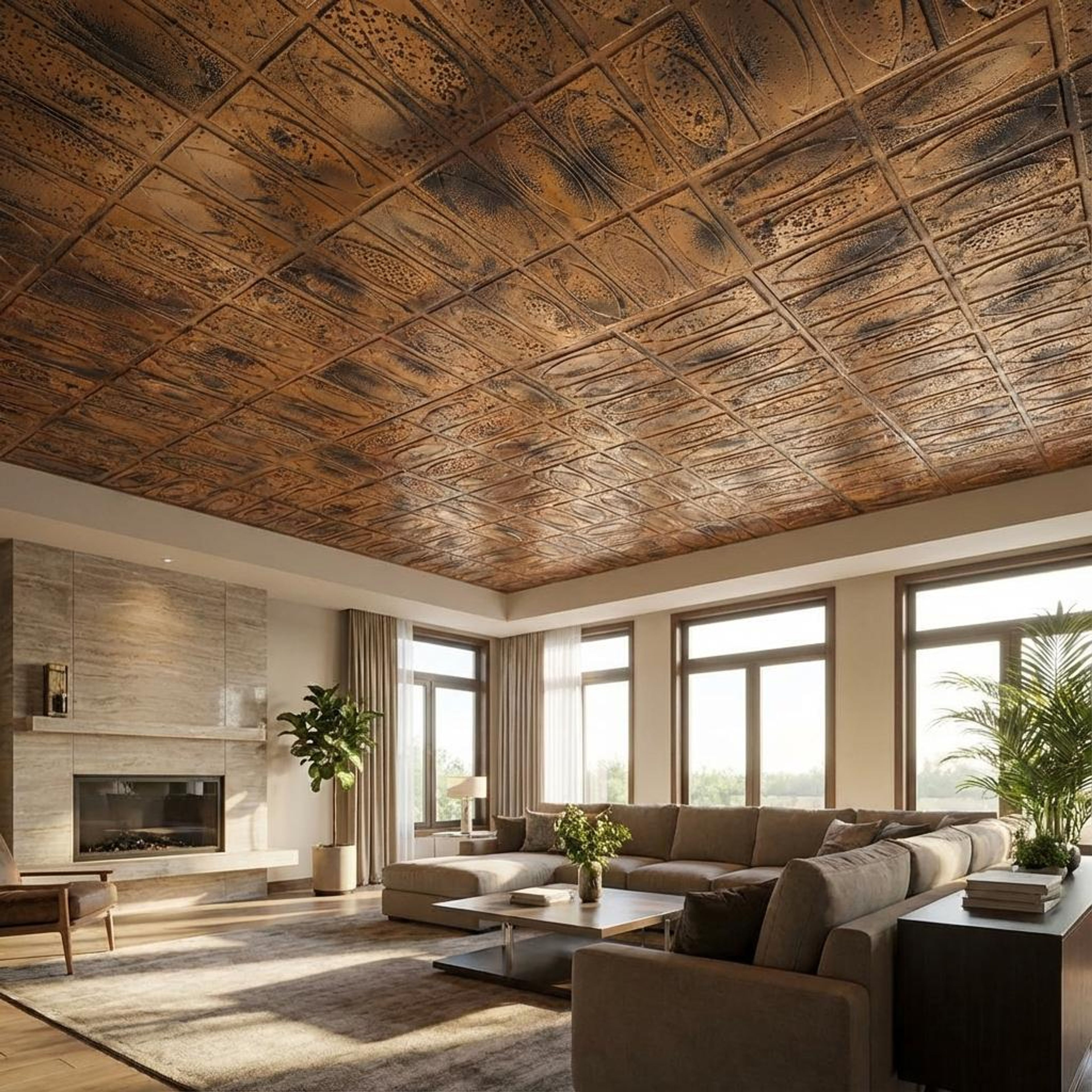 Oxidized Stained Metal - Greek Geometric - Copper, Bronze - Decorative Ceiling Panel - 2 ft x 2 ft