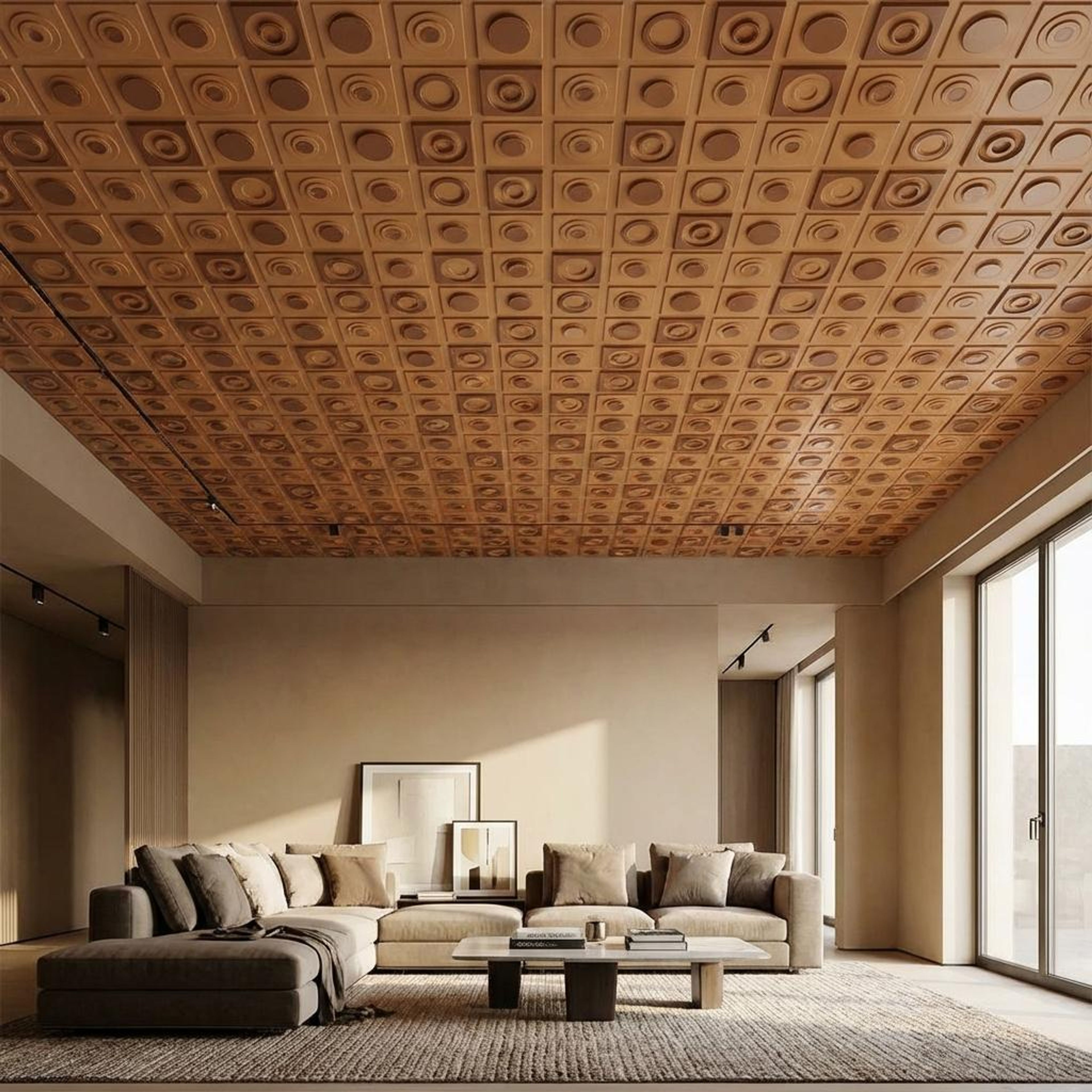 Museum Sandstone - Greek Geometric - Beige, Brown - Decorative Ceiling Panel - 2 ft x 2 ft