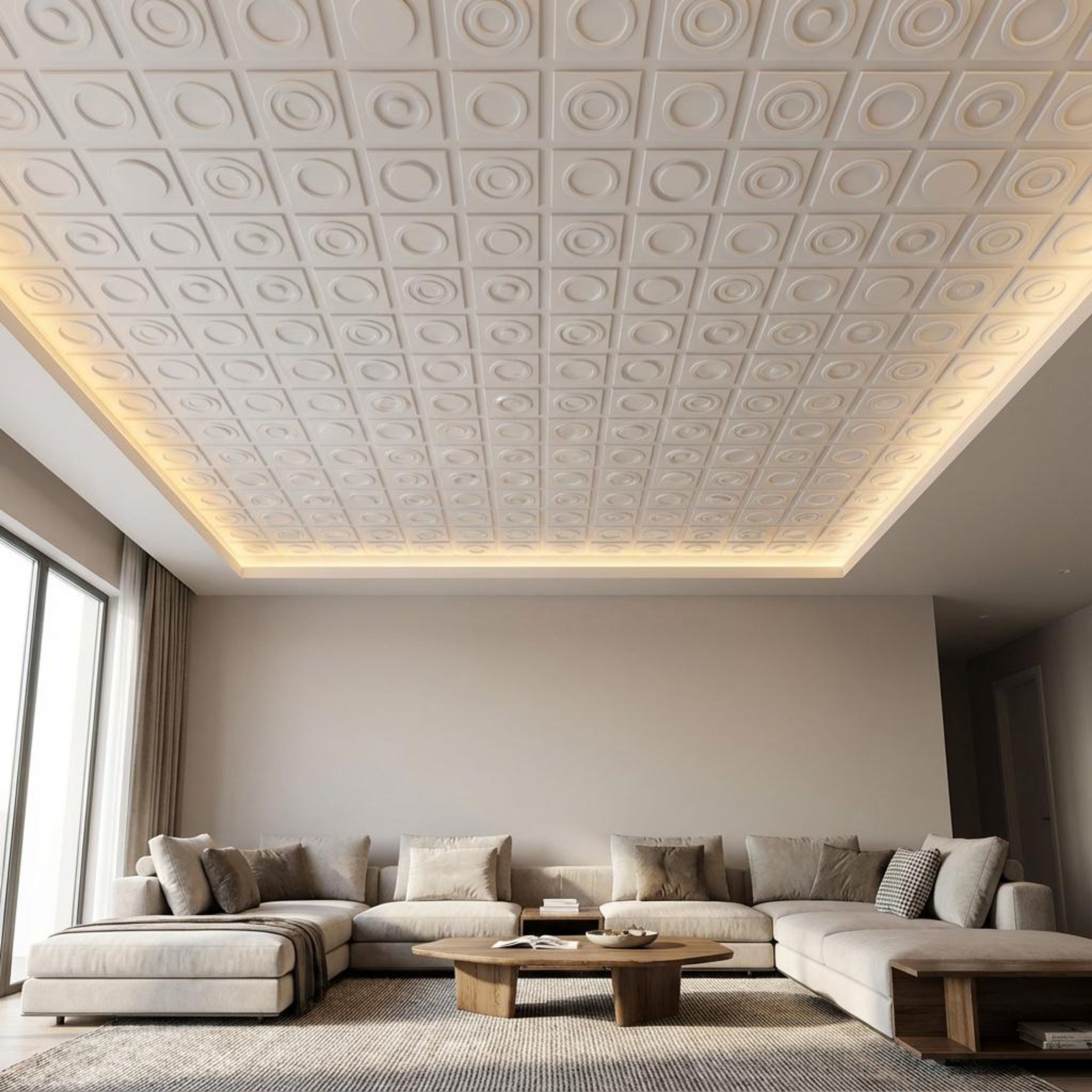 Create Sandstone - Greek Geometric - Beige, Brown - Decorative Ceiling Panel - 2 ft x 2 ft