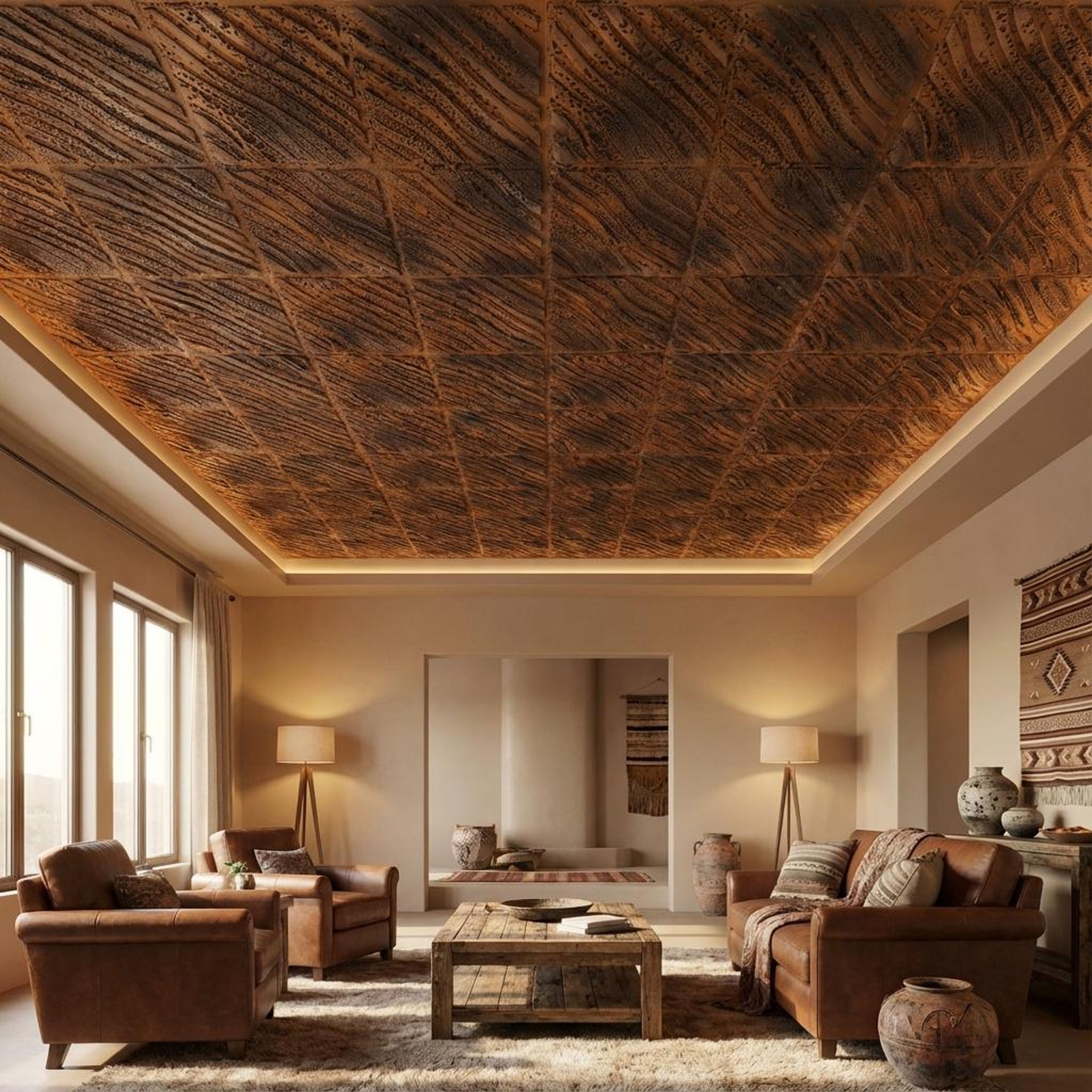 Gothic Stained Metal - Greek Geometric - Copper, Bronze - Decorative Ceiling Panel - 2 ft x 2 ft