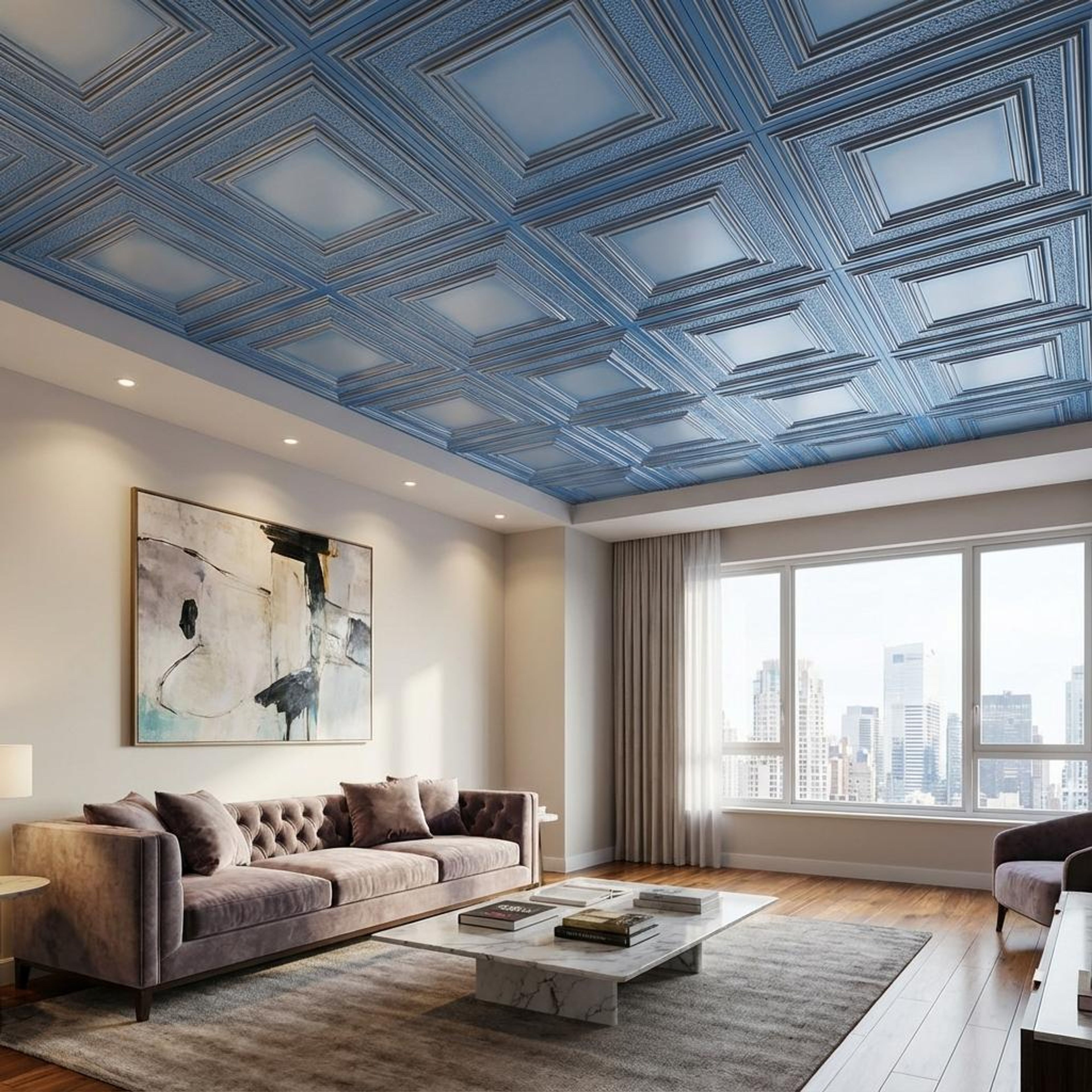 Fusion Blue Dove - Greek Geometric - Blue, Grey - Decorative Ceiling Panel - 2 ft x 2 ft