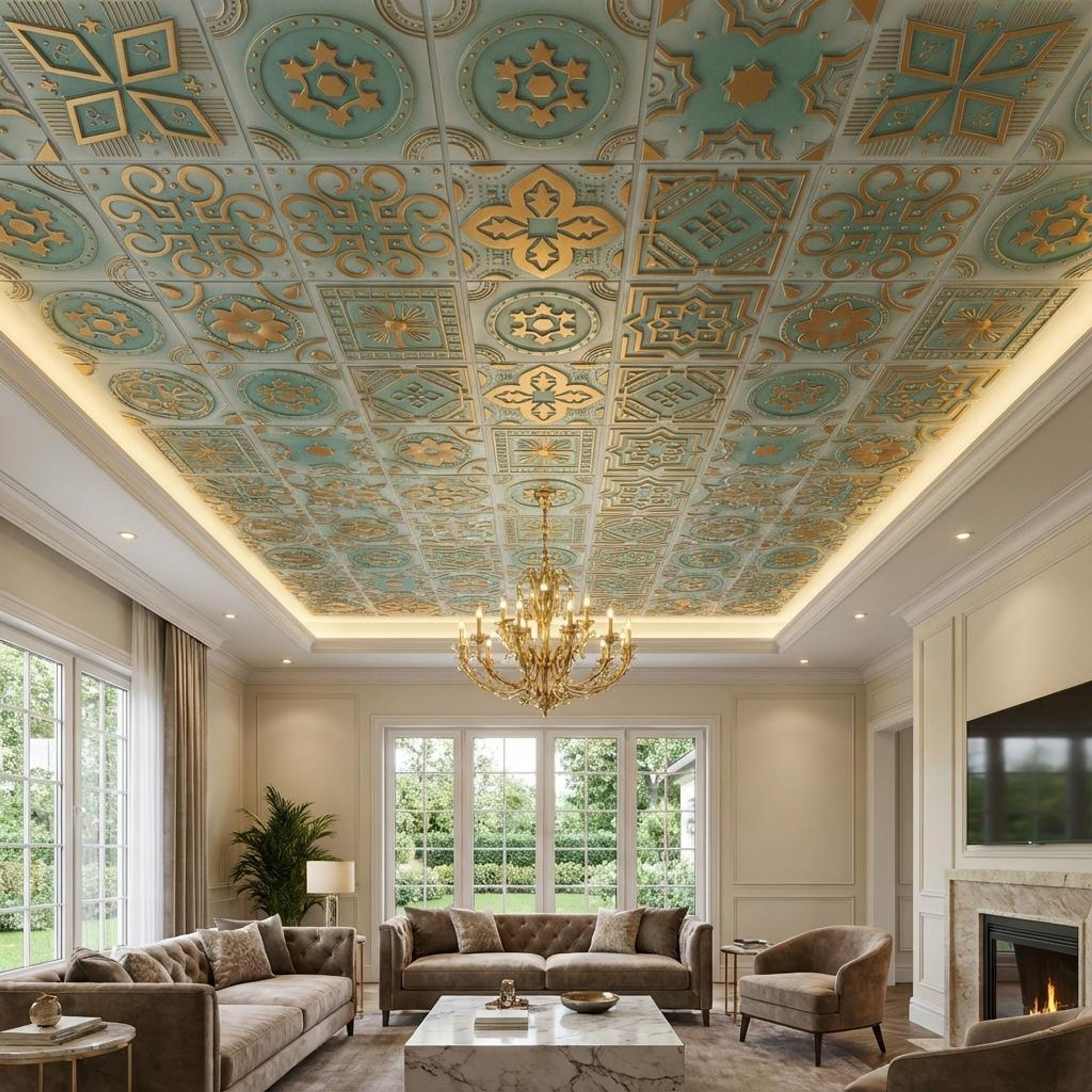 Studio Arabian Green - Persian Motifs - Green, Gold - Decorative Ceiling Panel - 2 ft x 2 ft