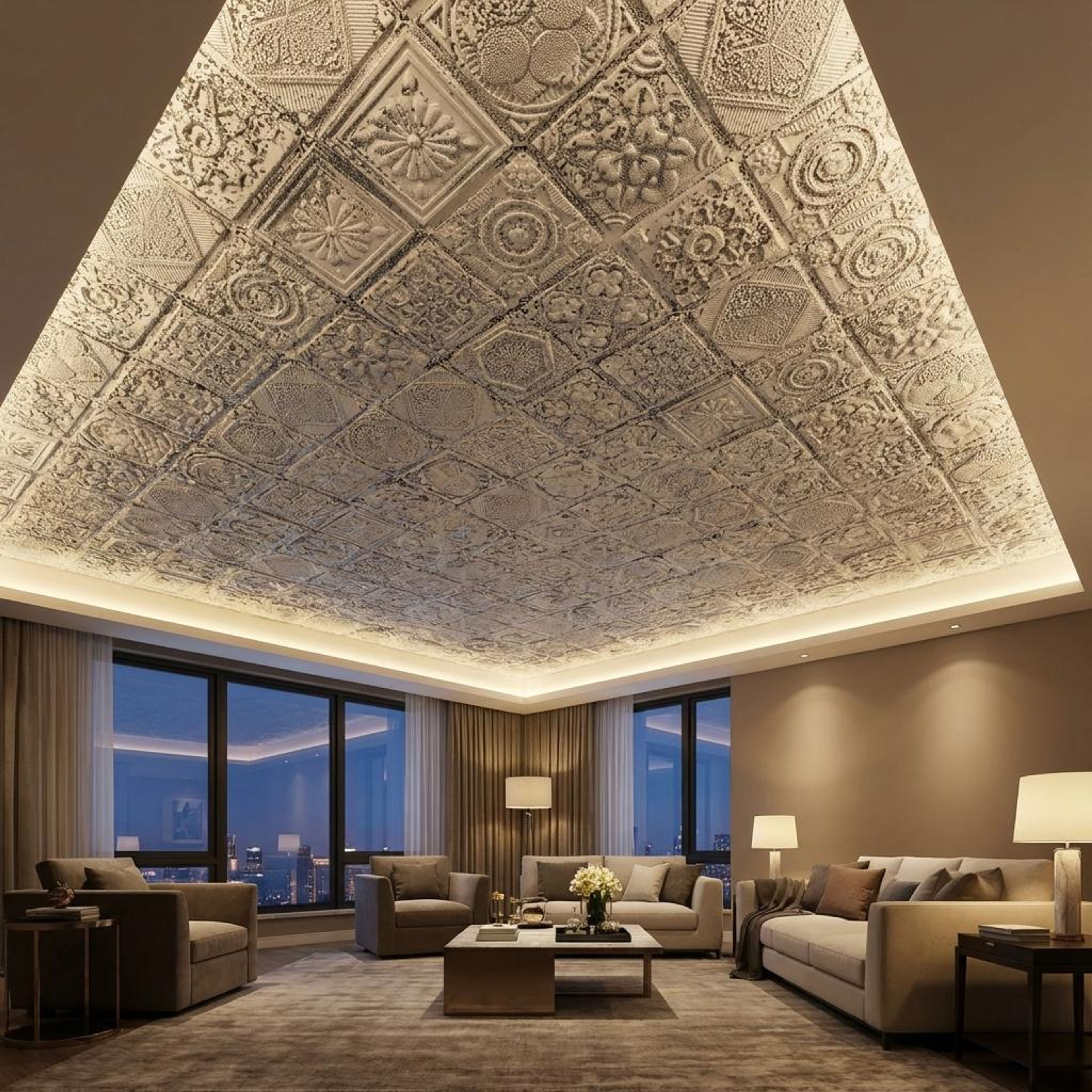 Creative Sunny Brown - Persian Motifs - Brown, Orange - Decorative Ceiling Panel - 2 ft x 2 ft