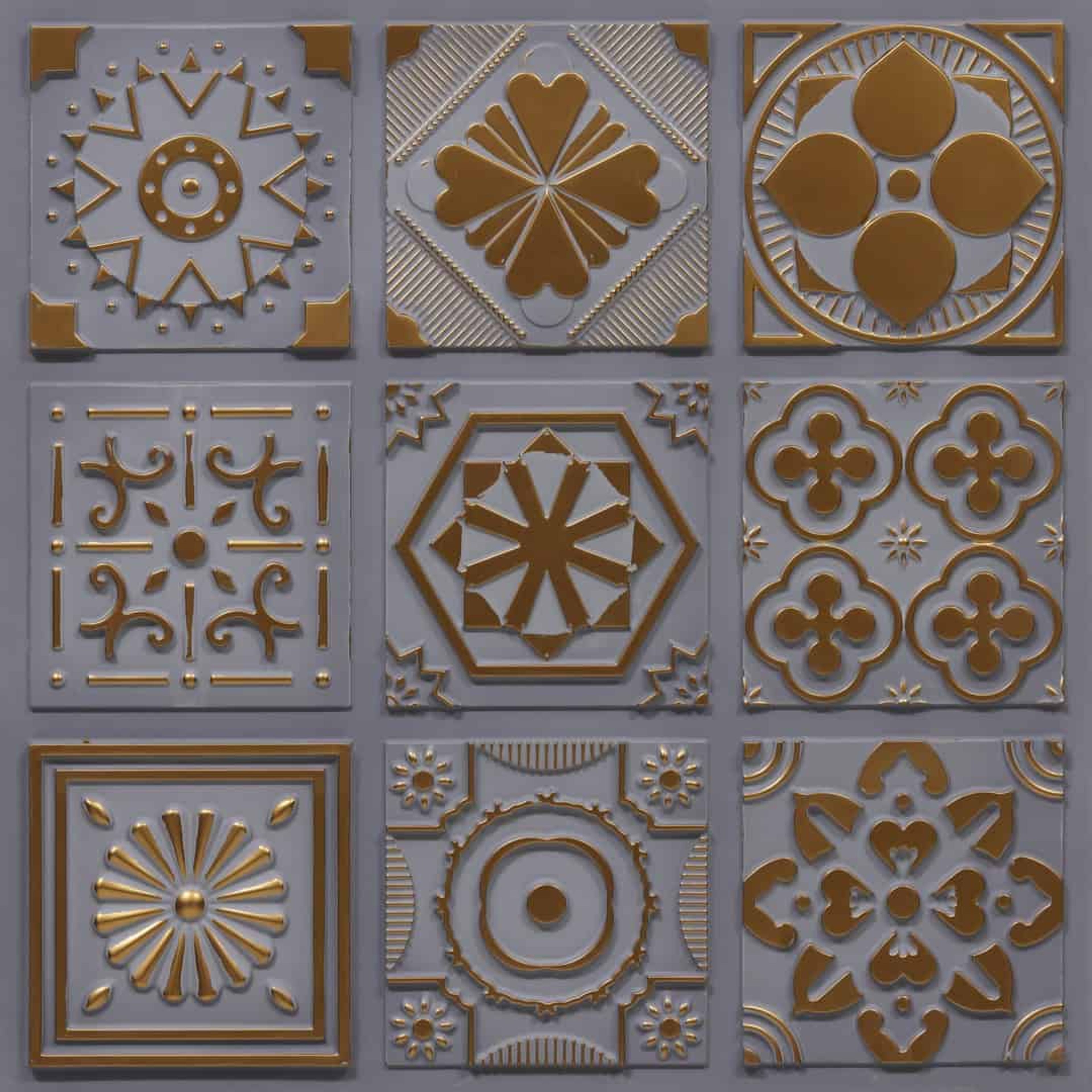 Deep Royal Grey - Persian Motifs - Silver, Grey - Decorative Ceiling Panel - 2 ft x 2 ft