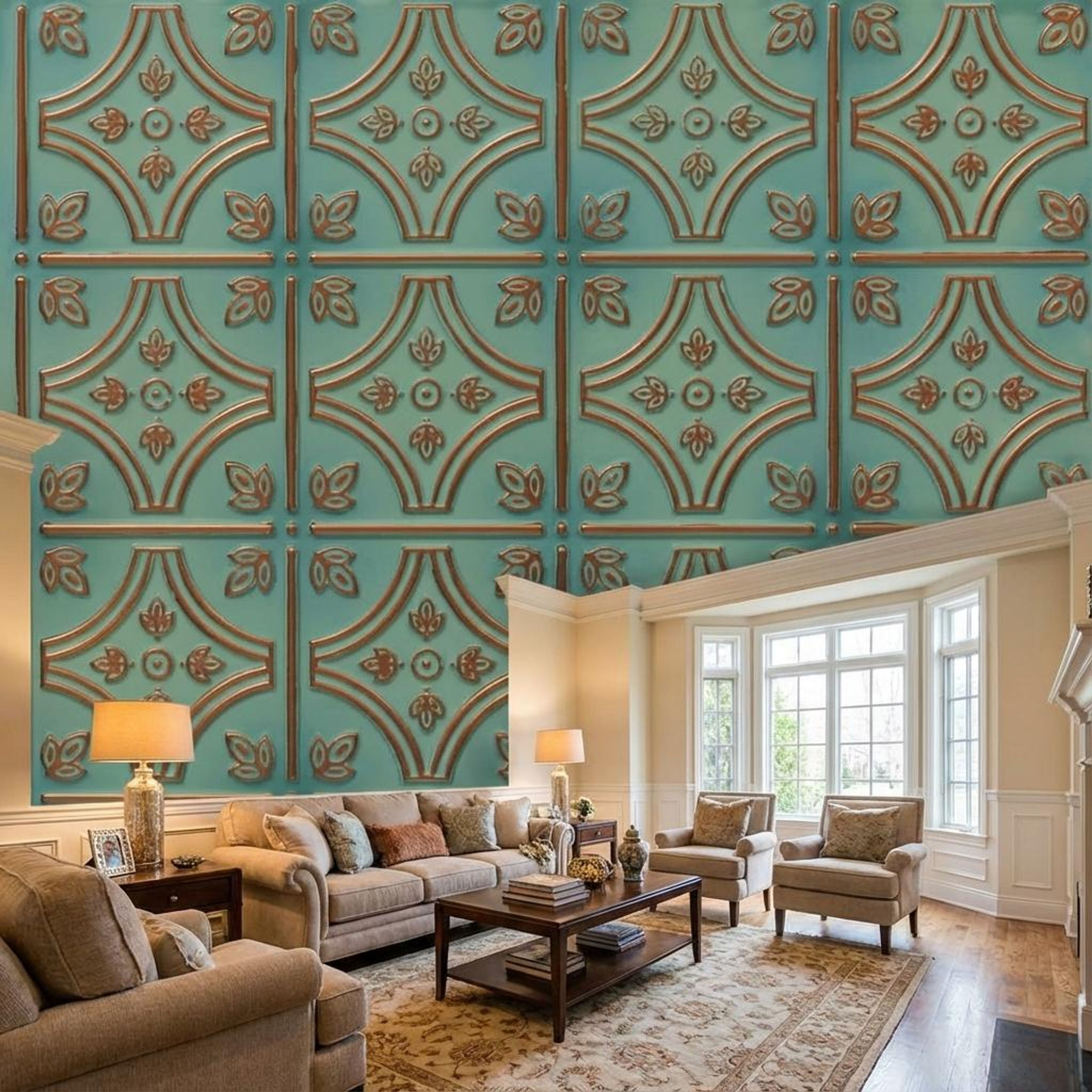 Time-Worn Natural Patina - Moraccan Meshwork - Blue, Silver - Decorative Ceiling Panel - 2 ft x 2 ft