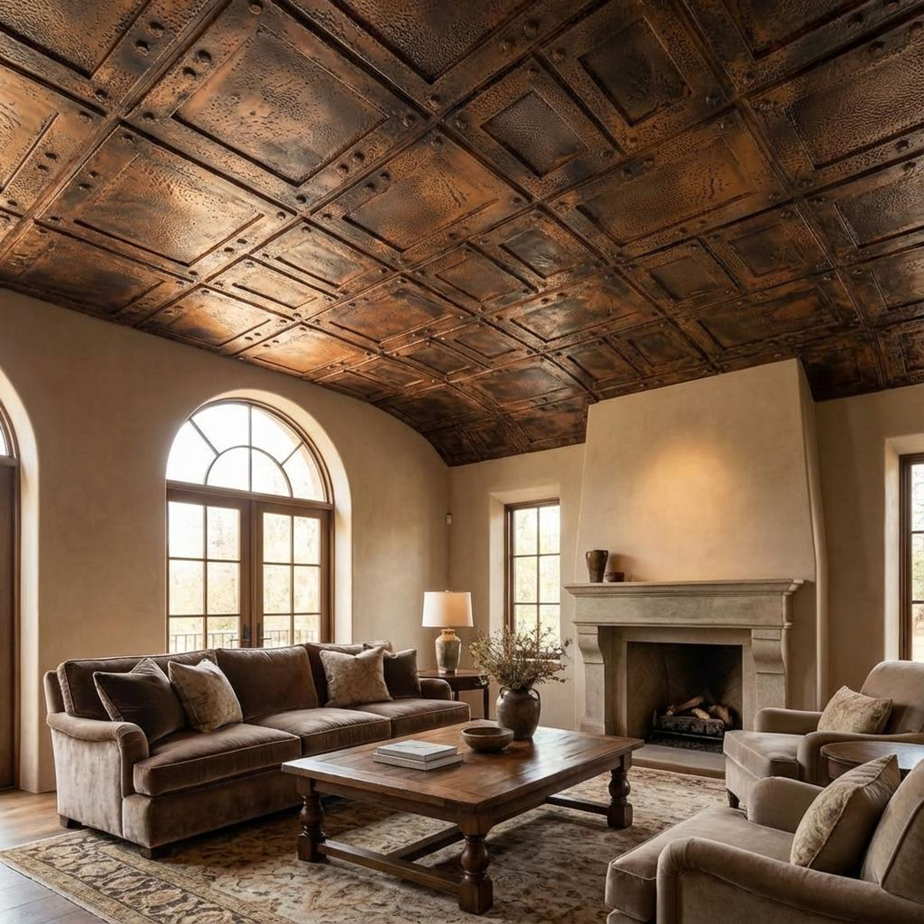 Ancient Stained Metal - Greek Geometric - Copper, Bronze - Decorative Ceiling Panel - 2 ft x 2 ft