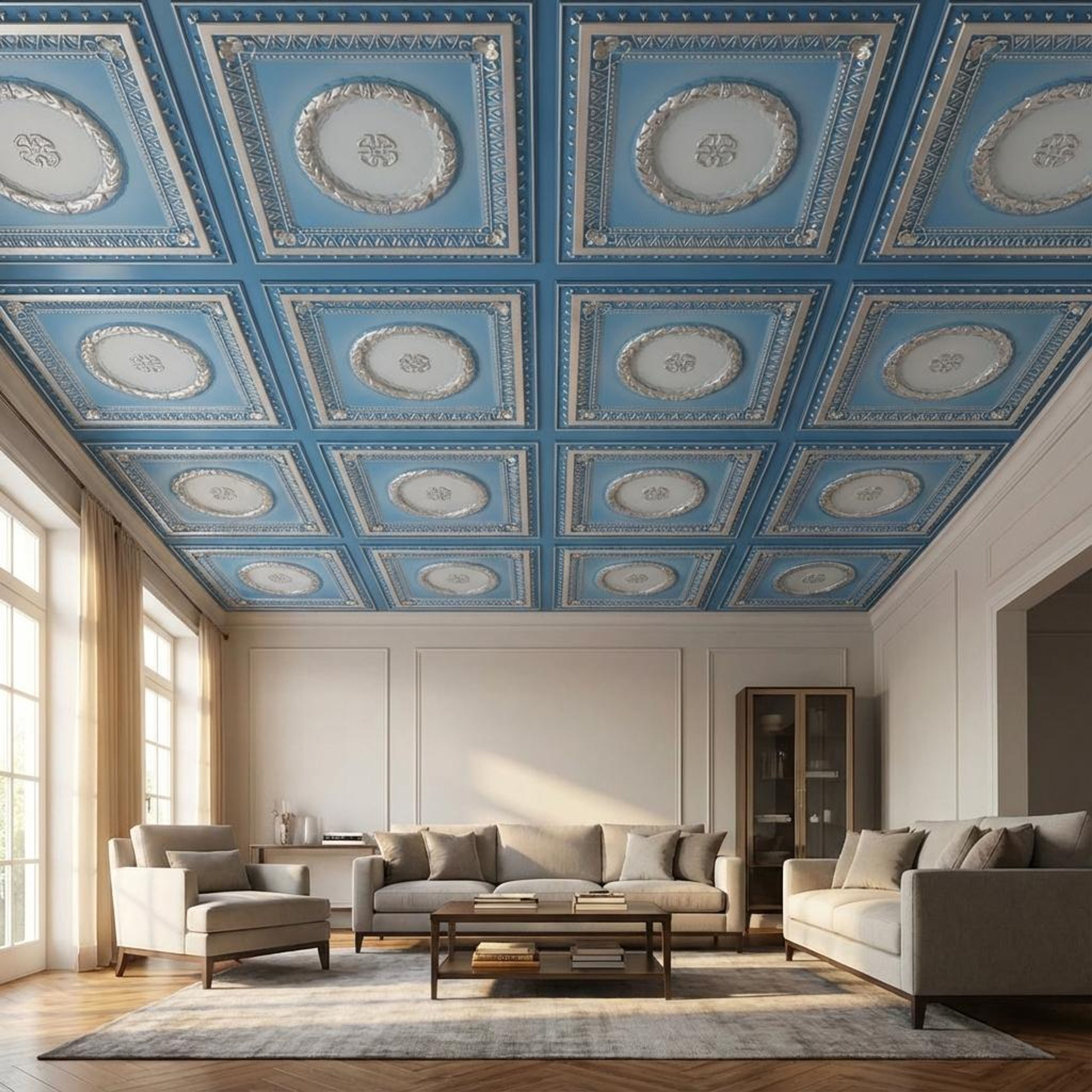 Creative Blue Dove - Persian Motifs - Blue, Grey - Decorative Ceiling Panel - 2 ft x 2 ft