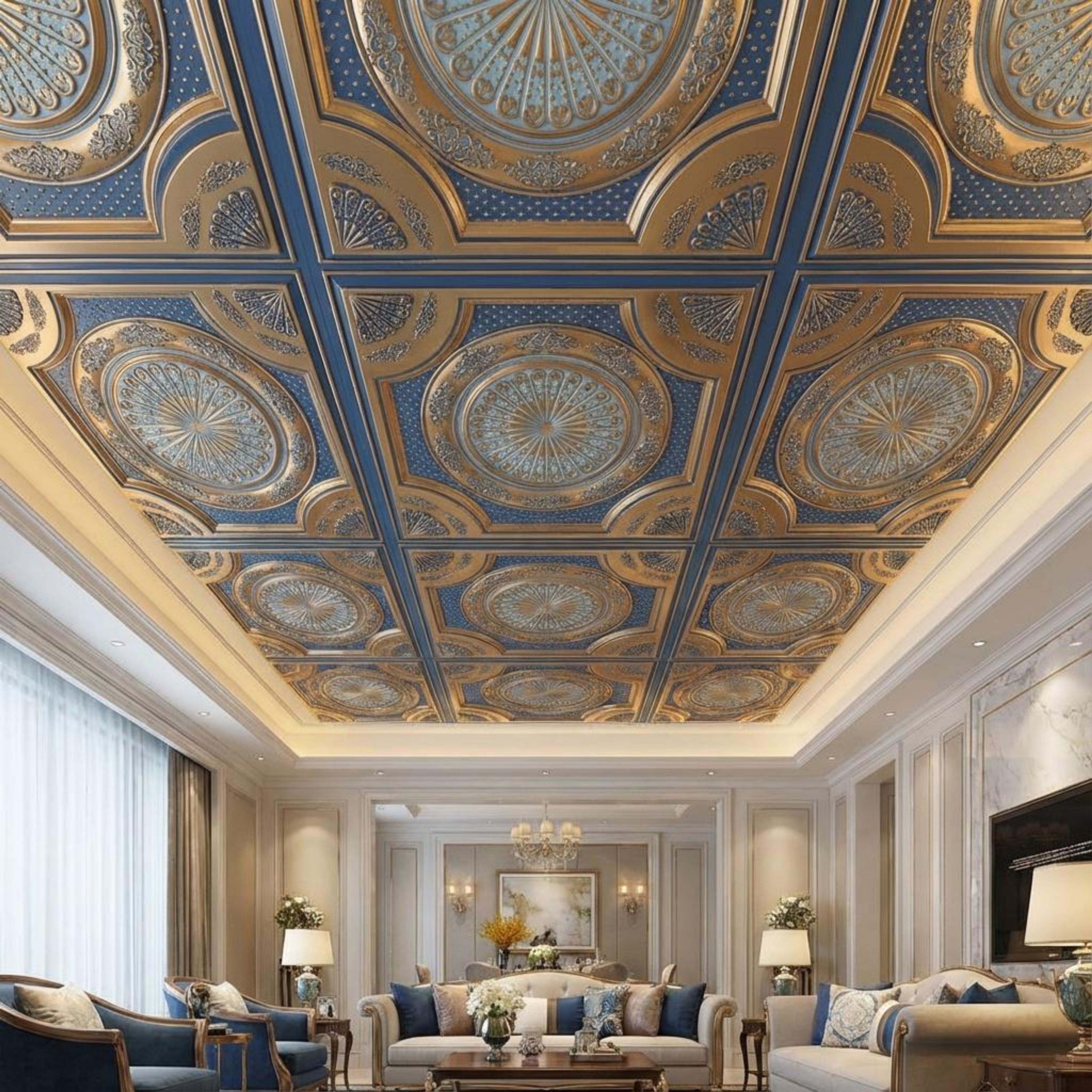 Striking Golden Swan - Baali Botanical - Gold, Yellow - Decorative Ceiling Panel - 2 ft x 2 ft