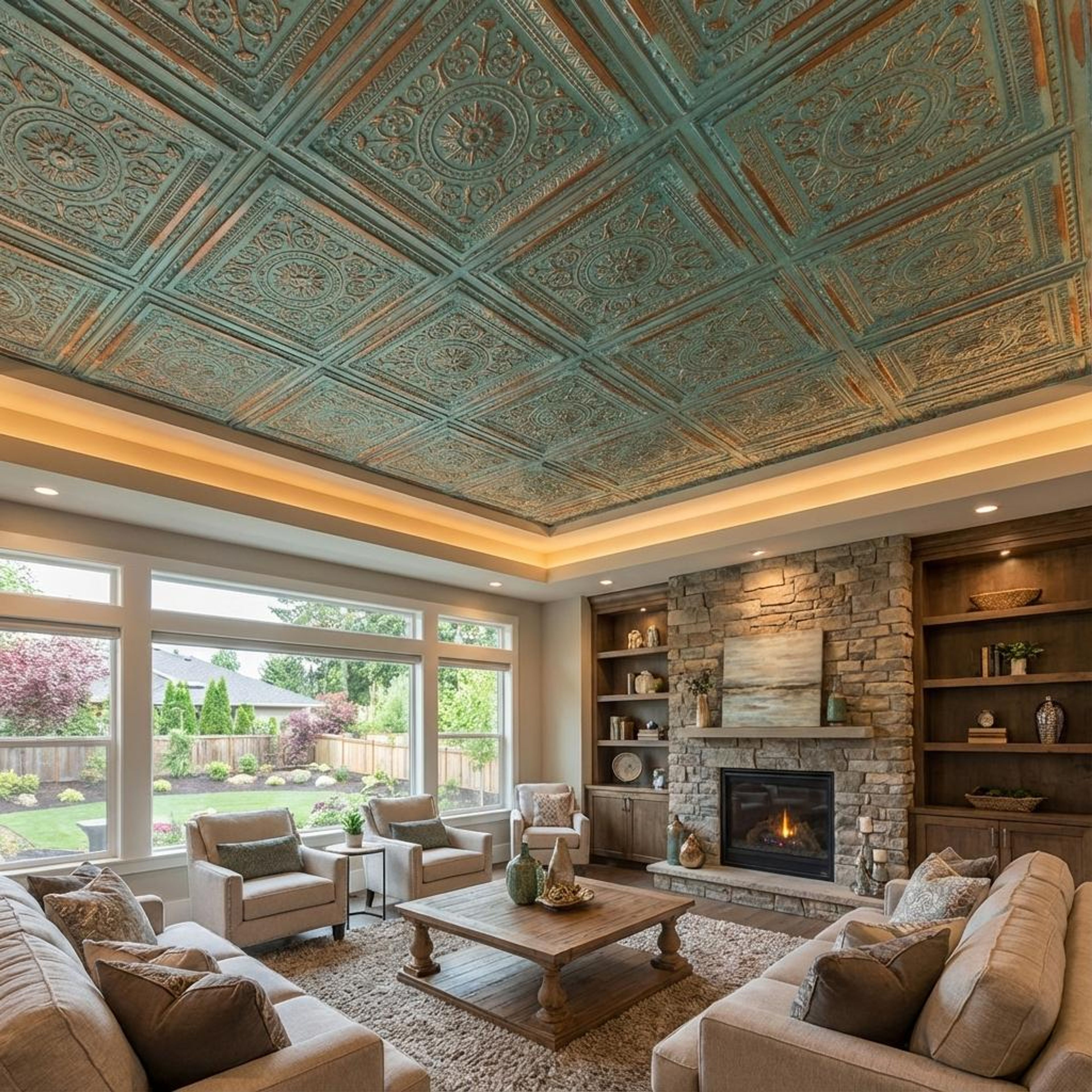 Legacy Natural Patina - Persian Motifs - Blue, Silver - Decorative Ceiling Panel - 2 ft x 2 ft