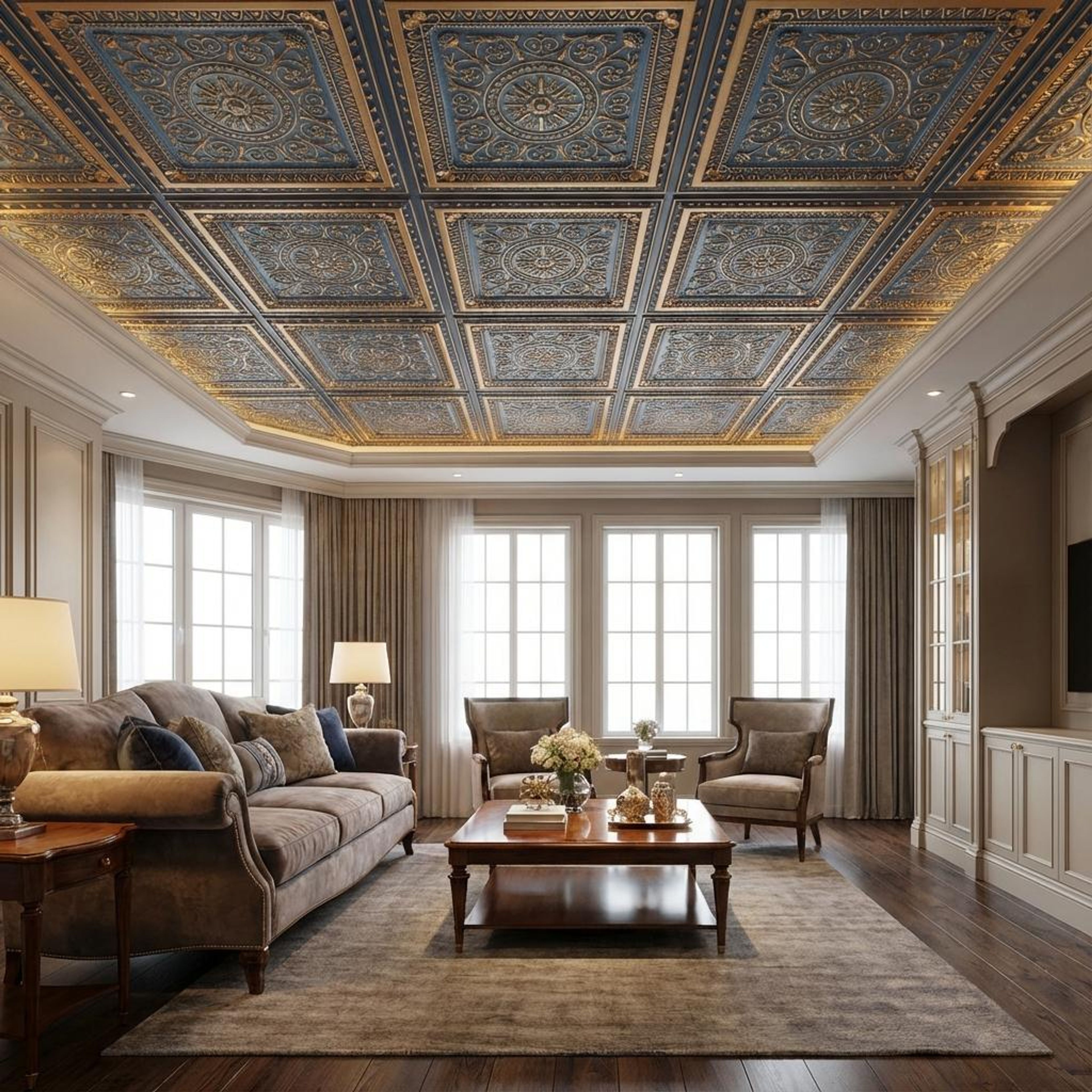 Chromatic Golden Swan - Persian Motifs - Gold, Yellow - Decorative Ceiling Panel - 2 ft x 2 ft