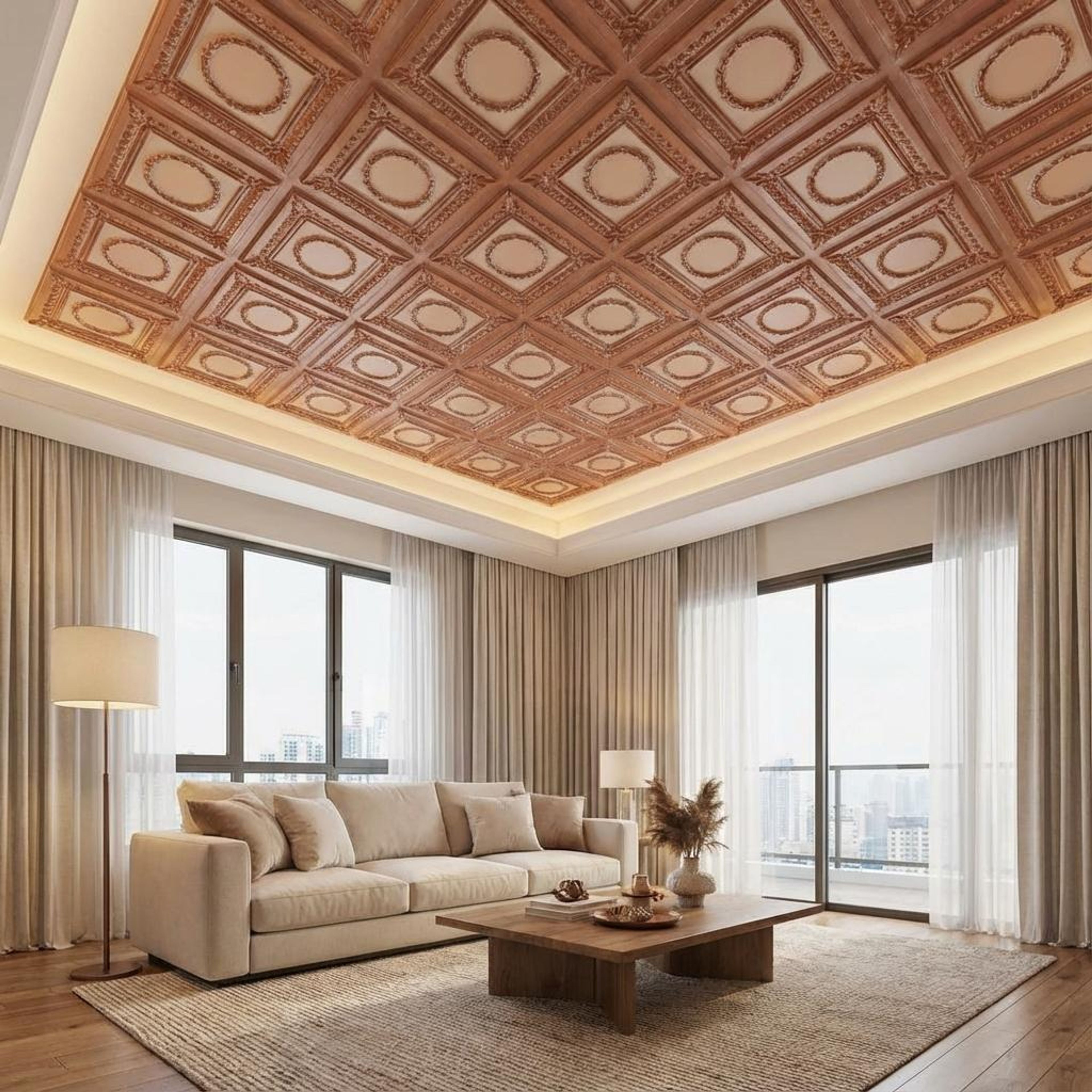 Geometric Sandstone - Persian Motifs - Beige, Brown - Decorative Ceiling Panel - 2 ft x 2 ft