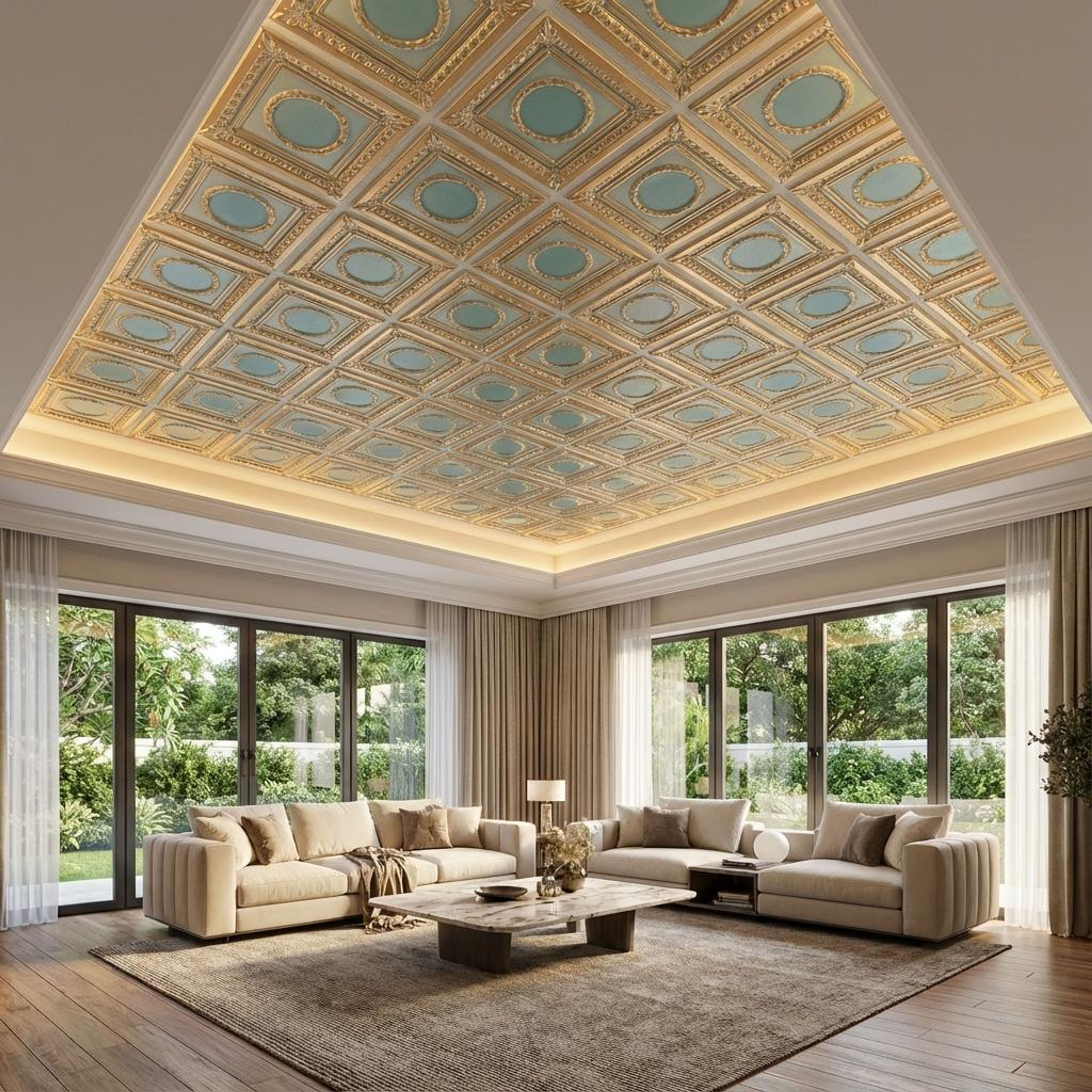 Inspire Arabian Green - Persian Motifs - Green, Gold - Decorative Ceiling Panel - 2 ft x 2 ft