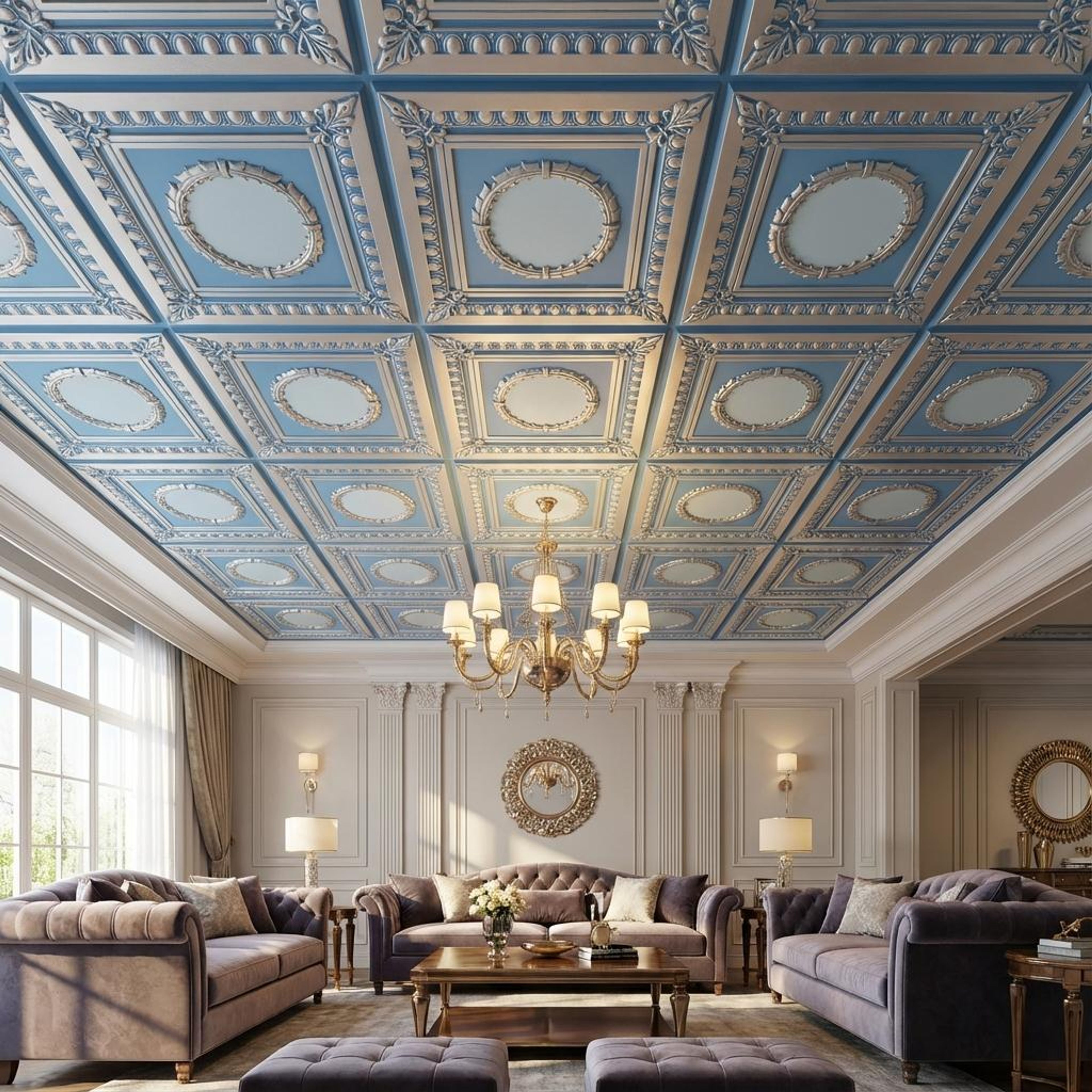 Studio Blue Dove - Persian Motifs - Blue, Grey - Decorative Ceiling Panel - 2 ft x 2 ft