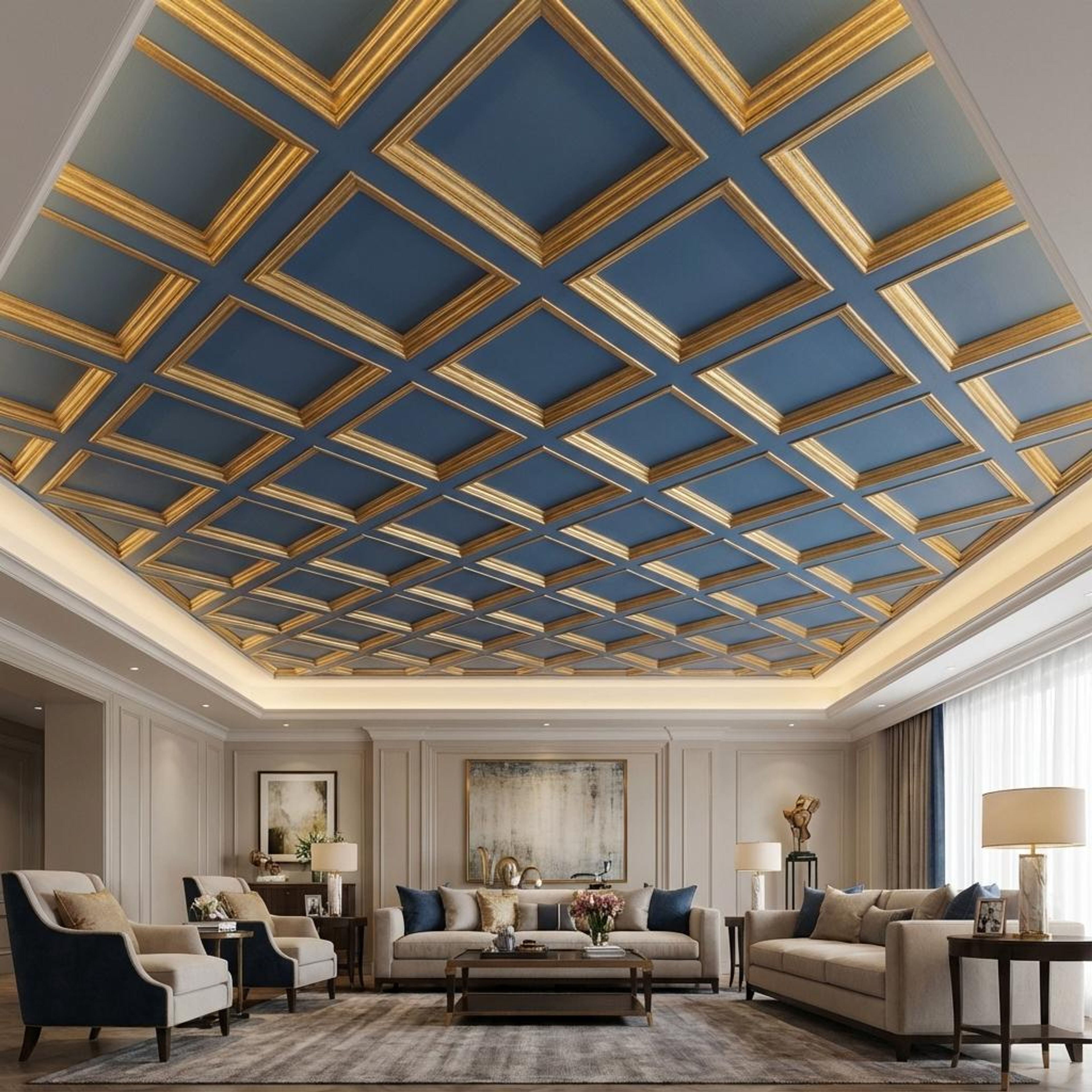 Modern Golden Swan - Greek Geometric - Gold, Yellow - Decorative Ceiling Panel - 2 ft x 2 ft