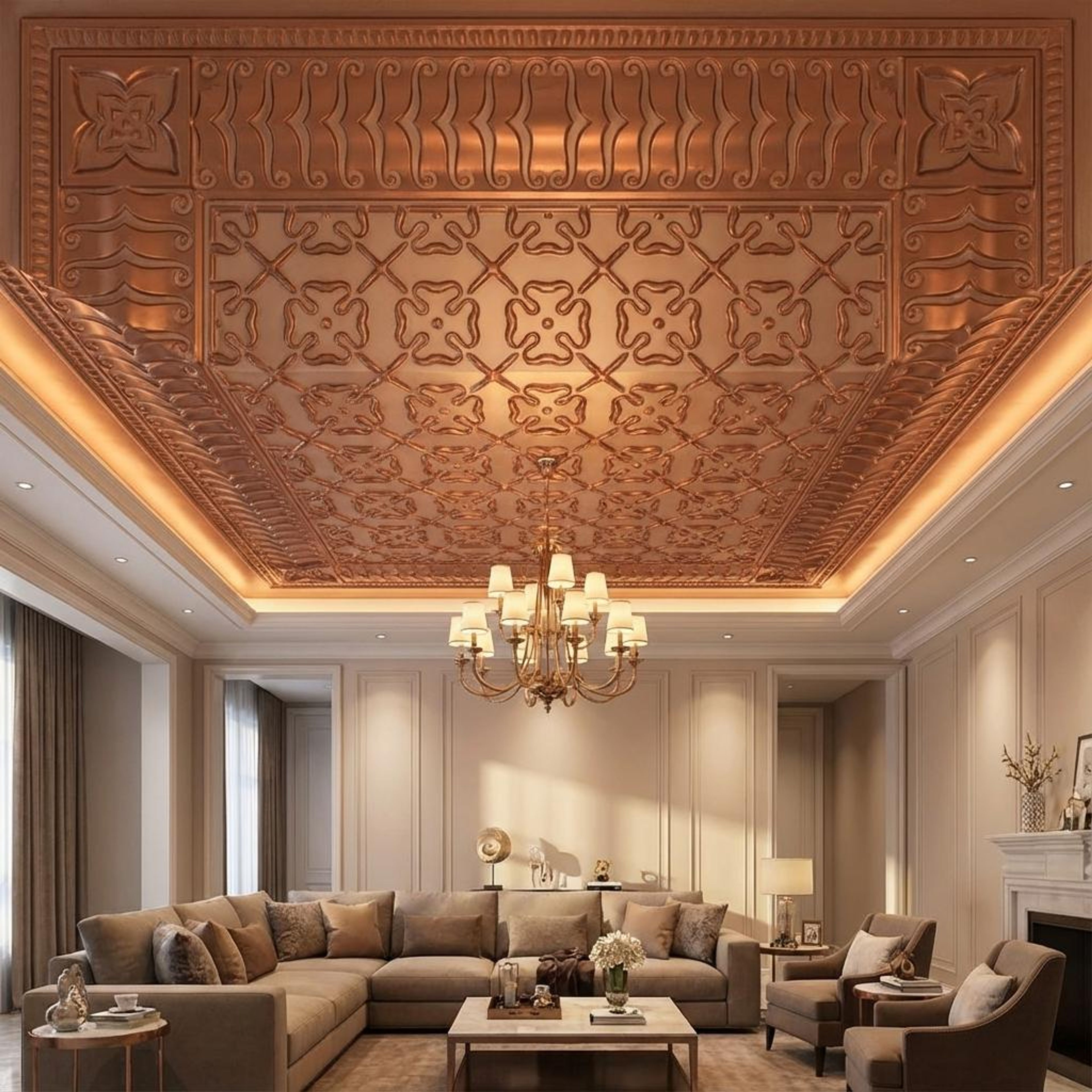 Intense Sandstone - Moraccan Meshwork - Beige, Brown - Decorative Ceiling Panel - 2 ft x 2 ft