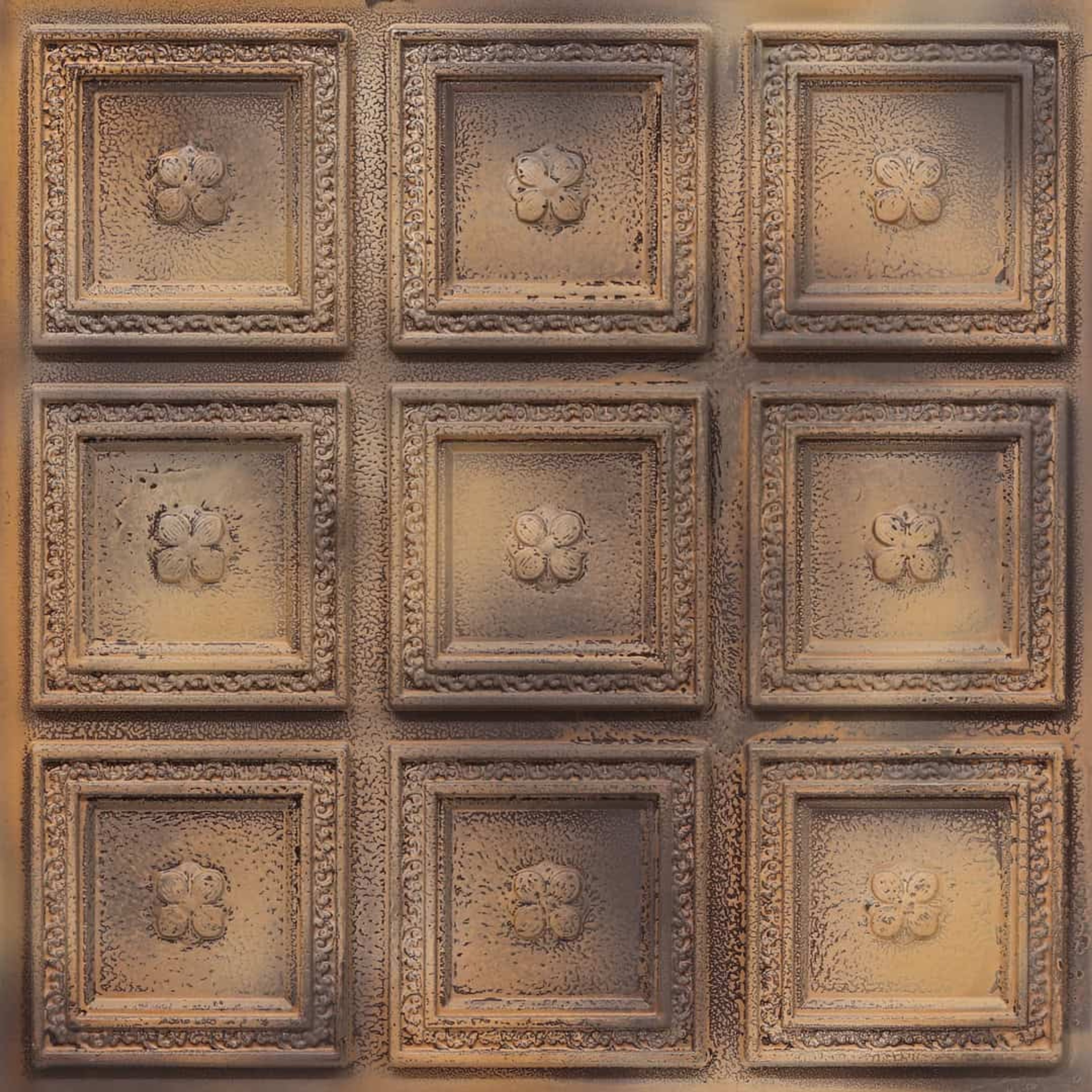 Time-Worn Stained Metal - Greek Geometric - Copper, Bronze - Decorative Ceiling Panel - 2 ft x 2 ft