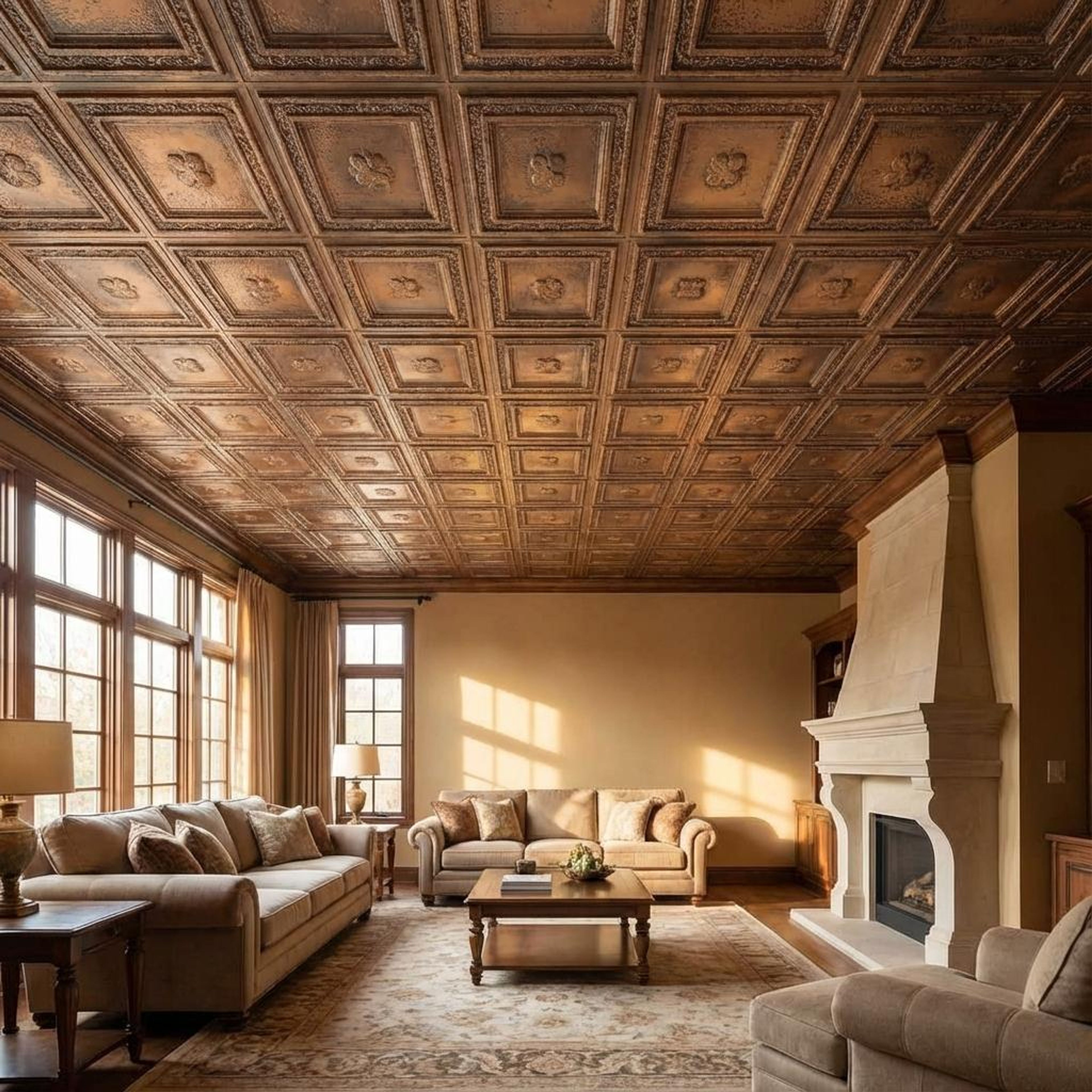 Time-Worn Stained Metal - Greek Geometric - Copper, Bronze - Decorative Ceiling Panel - 2 ft x 2 ft