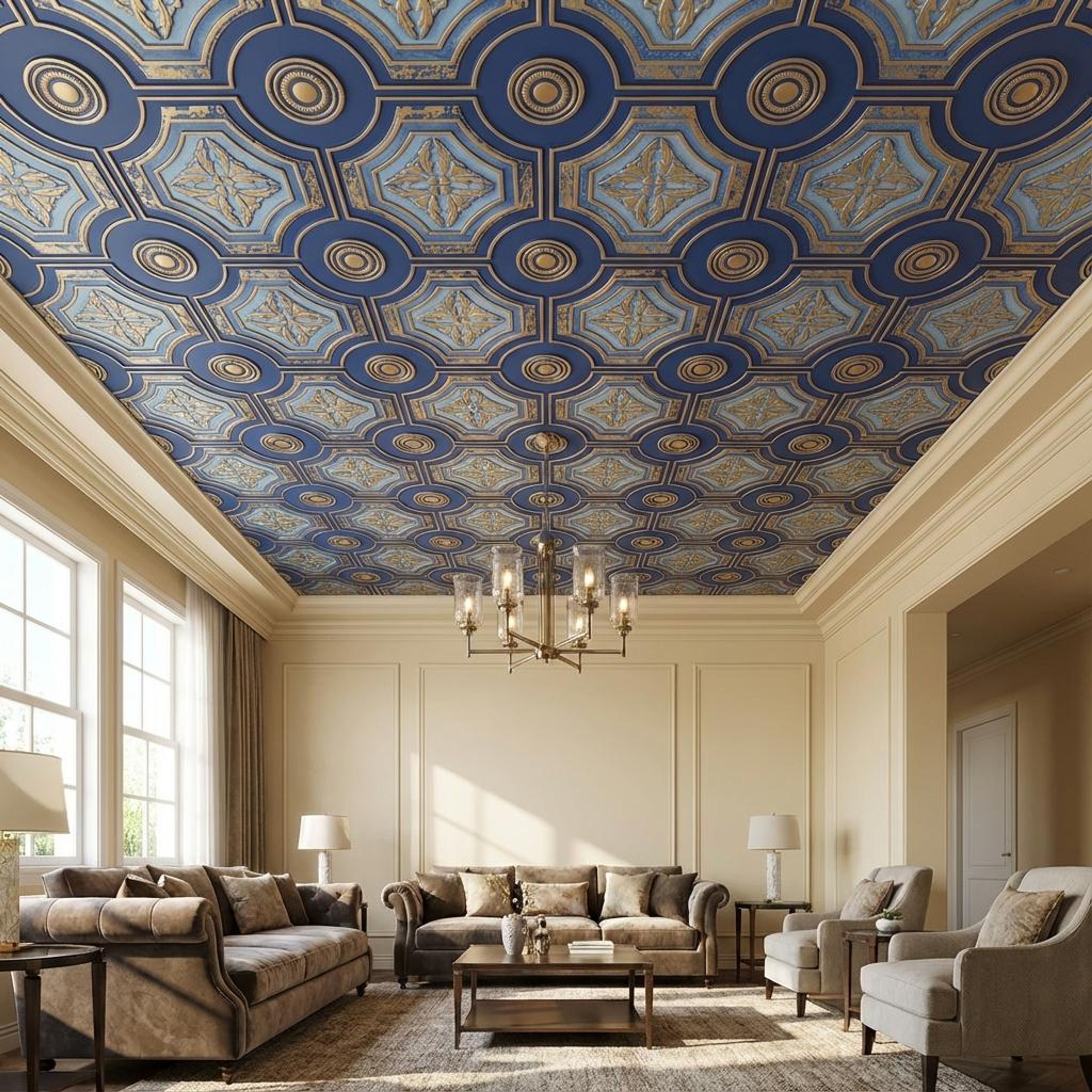 Colorful Golden Swan - Persian Motifs - Gold, Yellow - Decorative Ceiling Panel - 2 ft x 2 ft