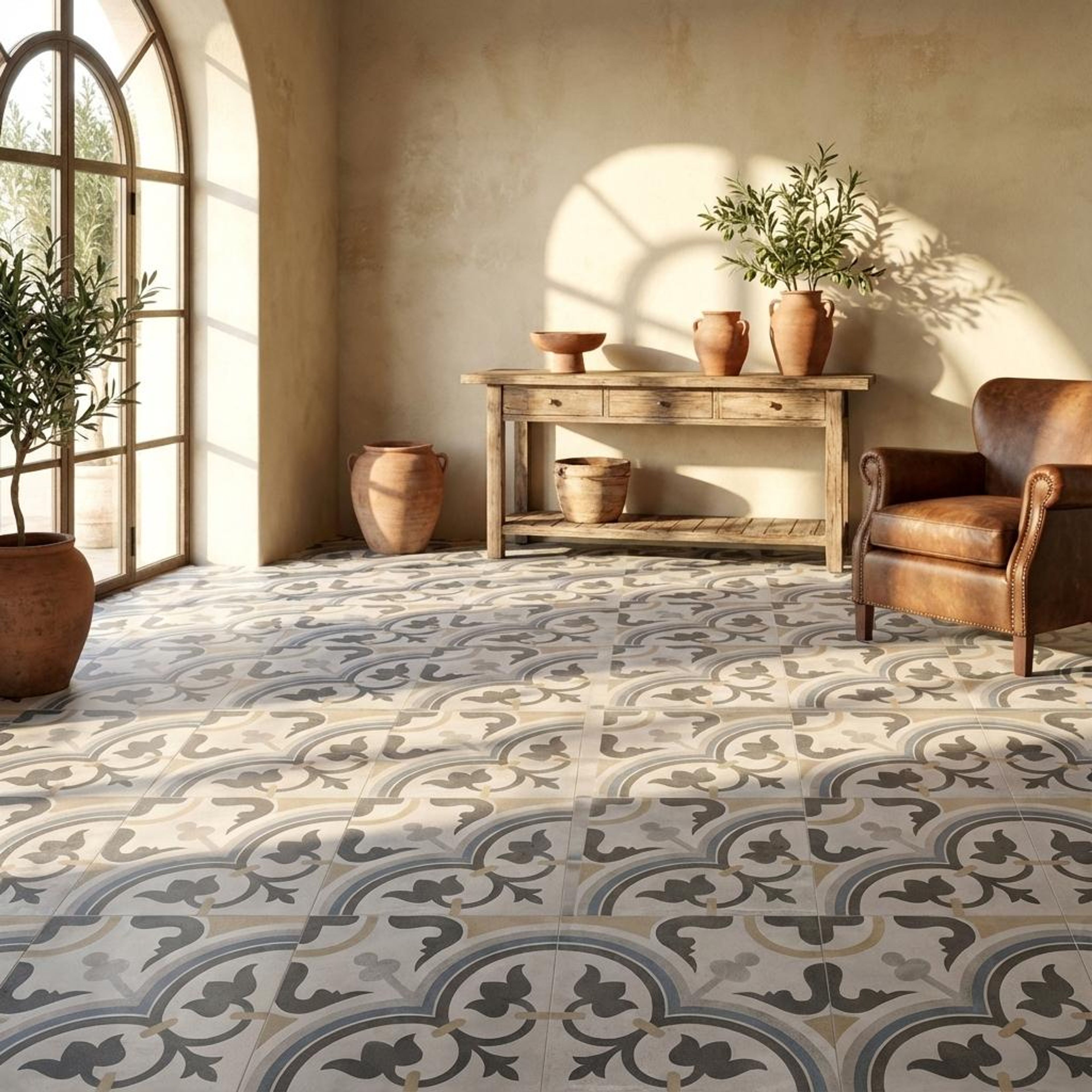 Morocal-179 Designer, Medium Grey, Printed, Tiles - Vitrified - Full Body, 1 x 1 ft, 9 mm