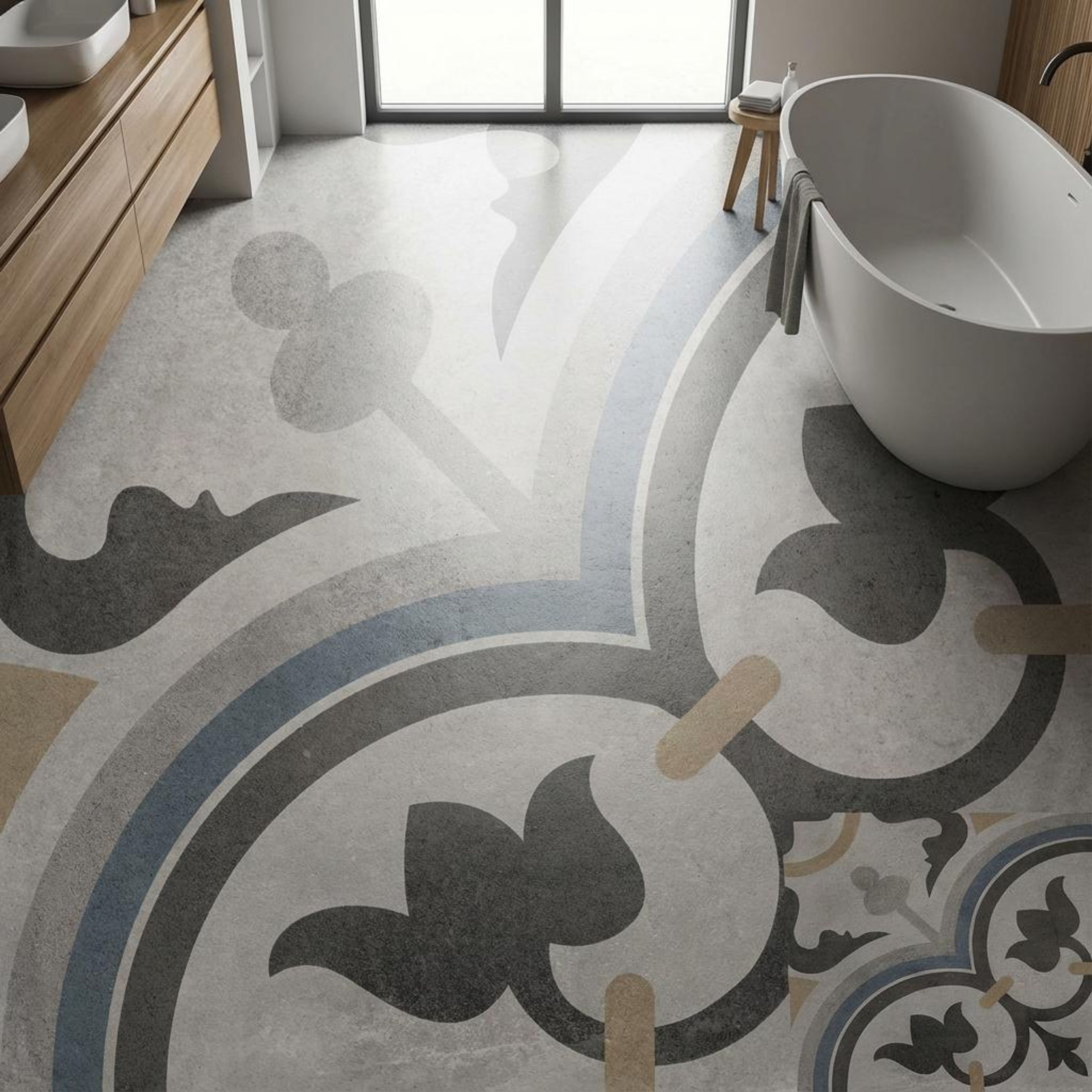 Morocal-179 Designer, Medium Grey, Printed, Tiles - Vitrified - Full Body, 1 x 1 ft, 9 mm