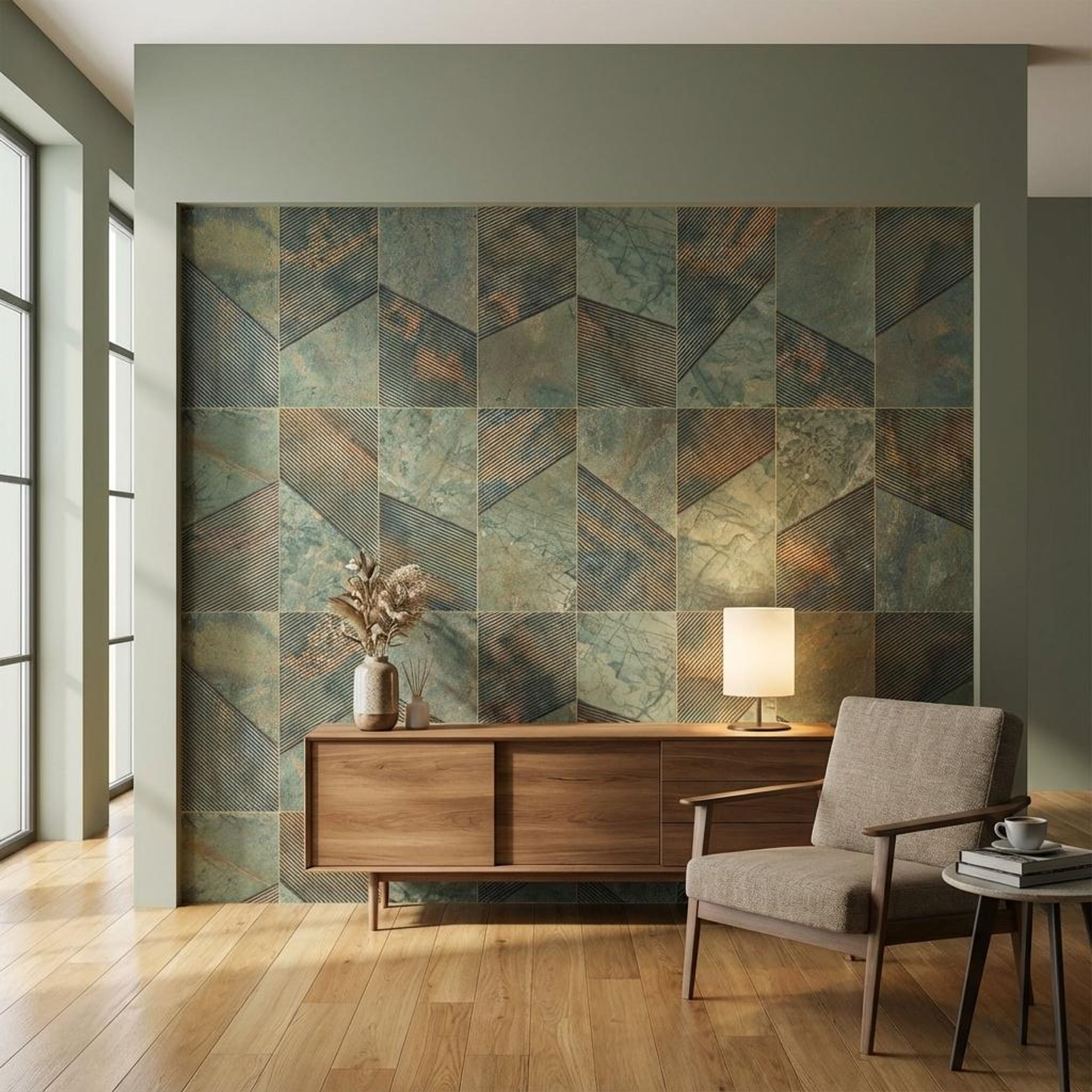 Refined Obsidian Green, Grey, Patterned, Tiles - Vitrified - Full Body, 4 x 2 ft, 9 mm