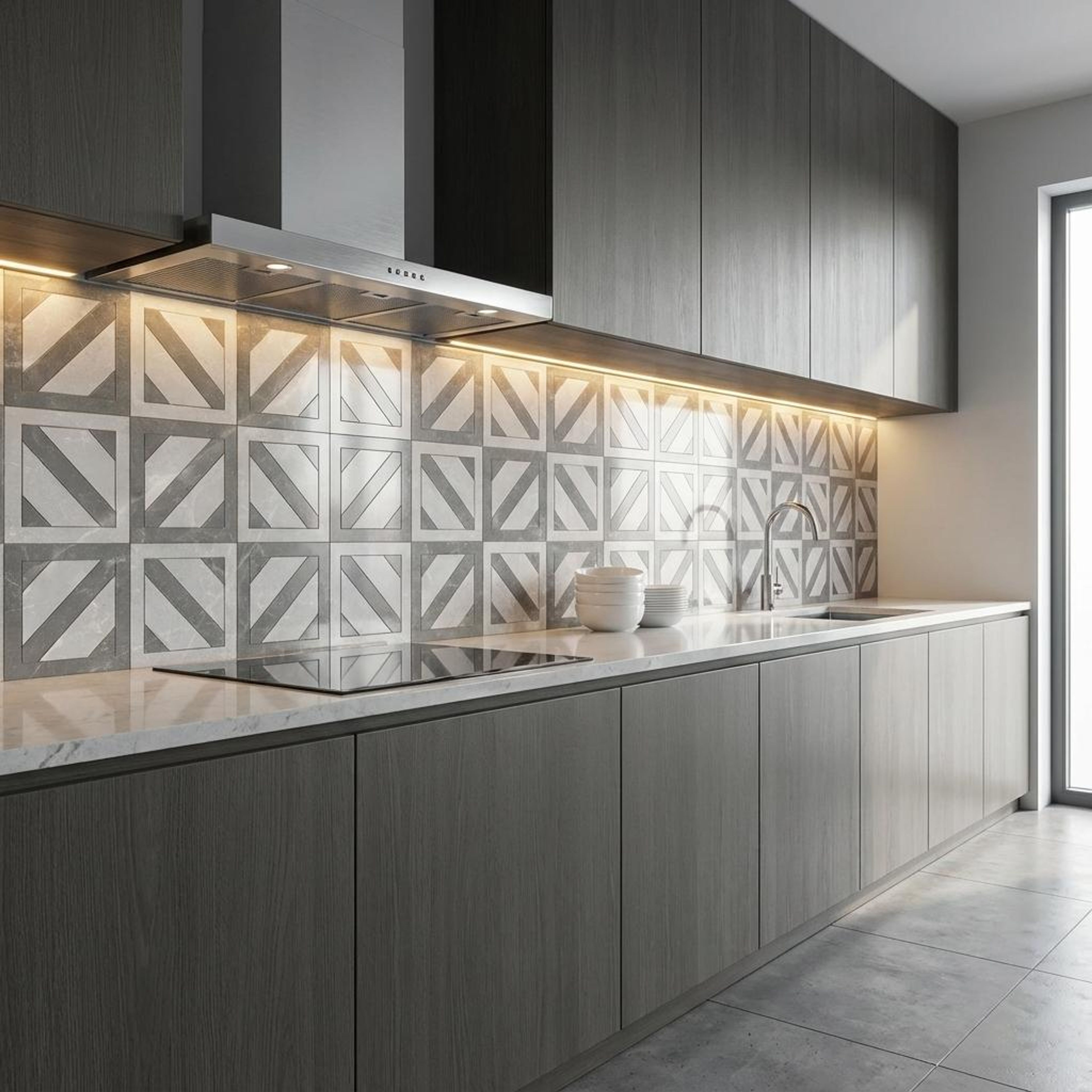 Cypress Sterling Motif, Medium Grey, Patterned, Tiles - Ceramic, 4 x 2 ft, 8.5 mm