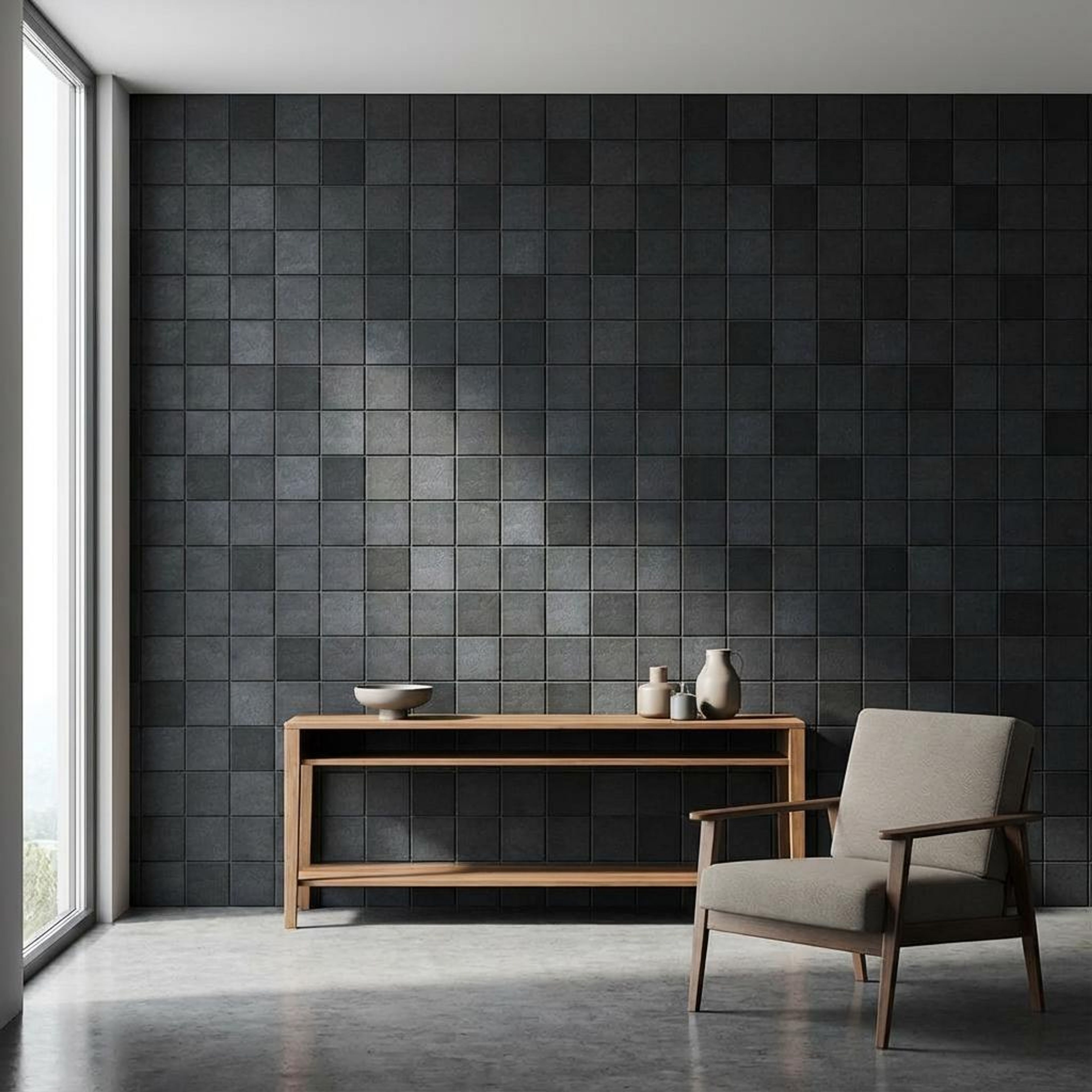 Ester Denim Speckled, Dark Grey, Zellige Chips, Tiles - Vitrified - Full Body, 1 x 1 ft, 9 mm