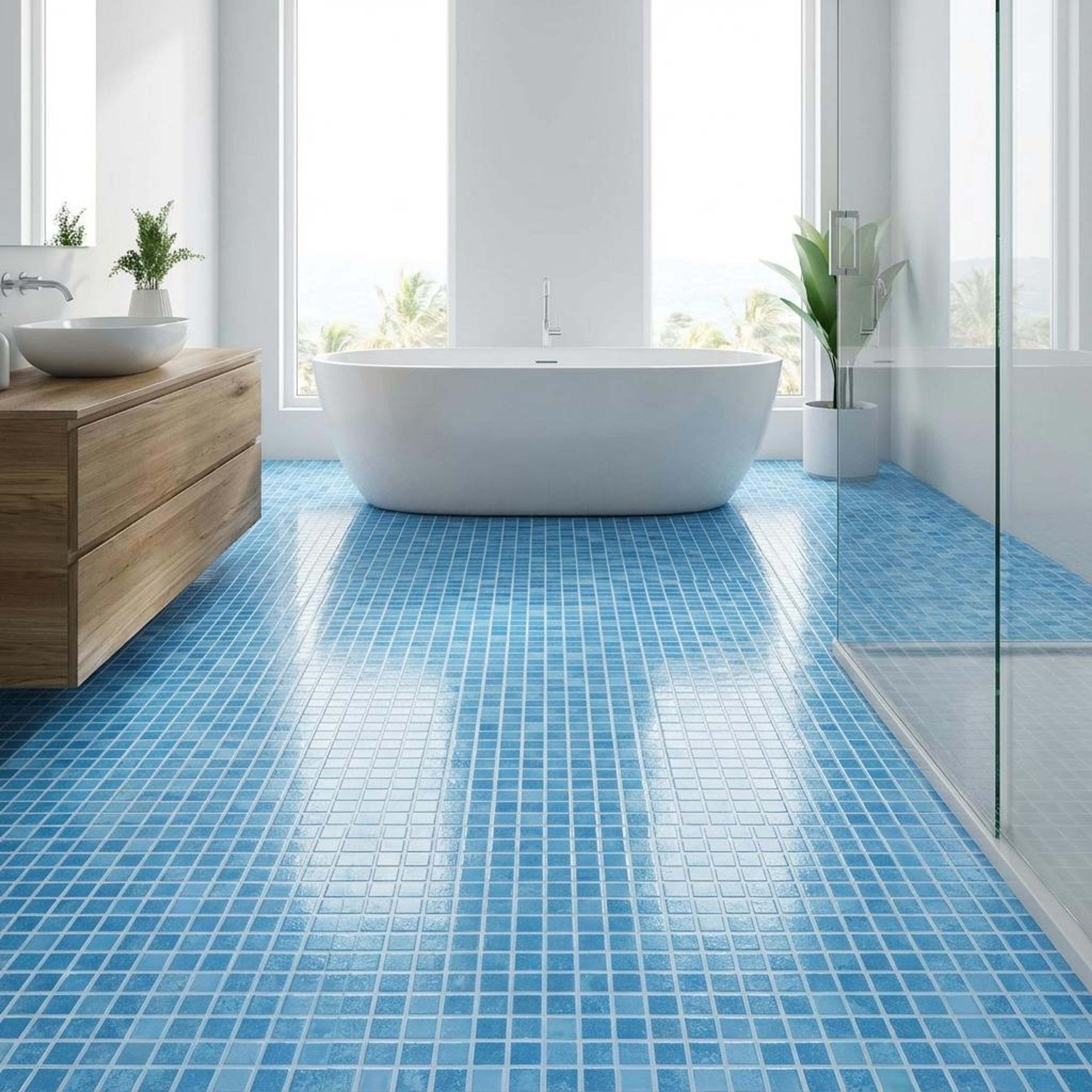 Neapolitan Azure Terrazzo, Light Blue, Zellige Chips, Tiles - Vitrified - Full Body, 1 x 1 ft, 9 mm