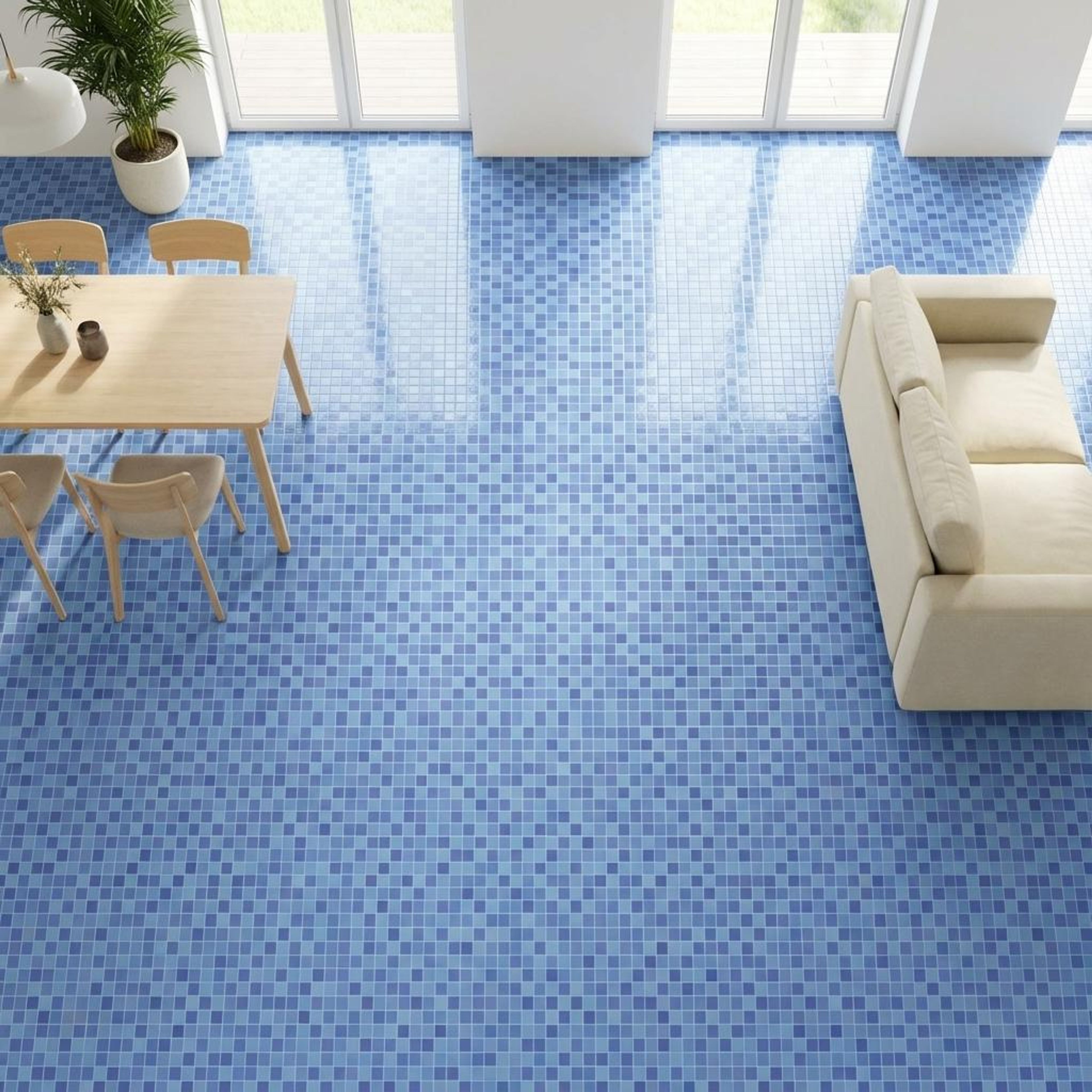 Roman Azure Terrazzo, Blue, Zellige Chips, Tiles - Vitrified - Full Body, 1 x 1 ft, 9 mm