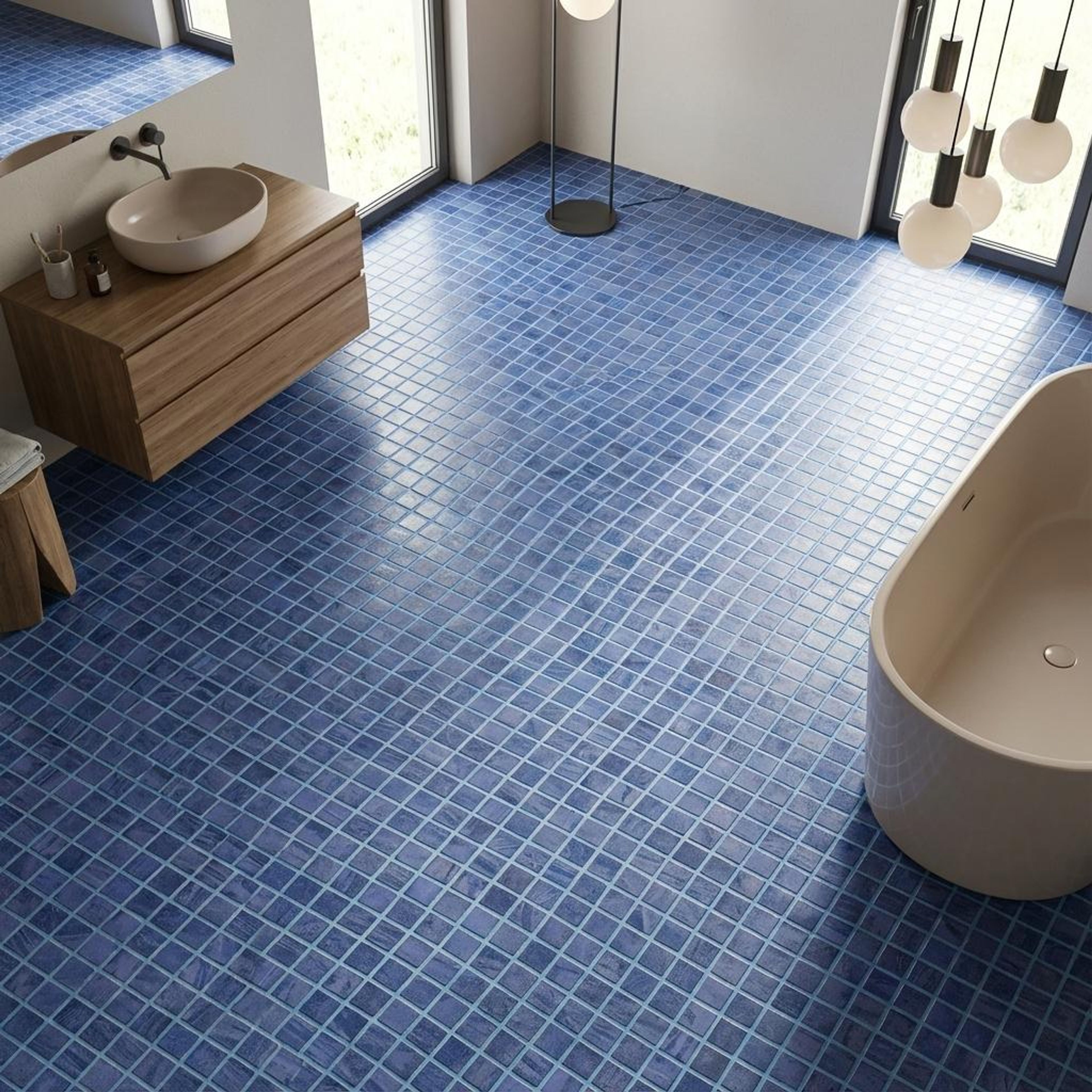 Roman Sterling Mosaic, Blue, Zellige Chips, Tiles - Vitrified - Full Body, 1 x 1 ft, 9 mm