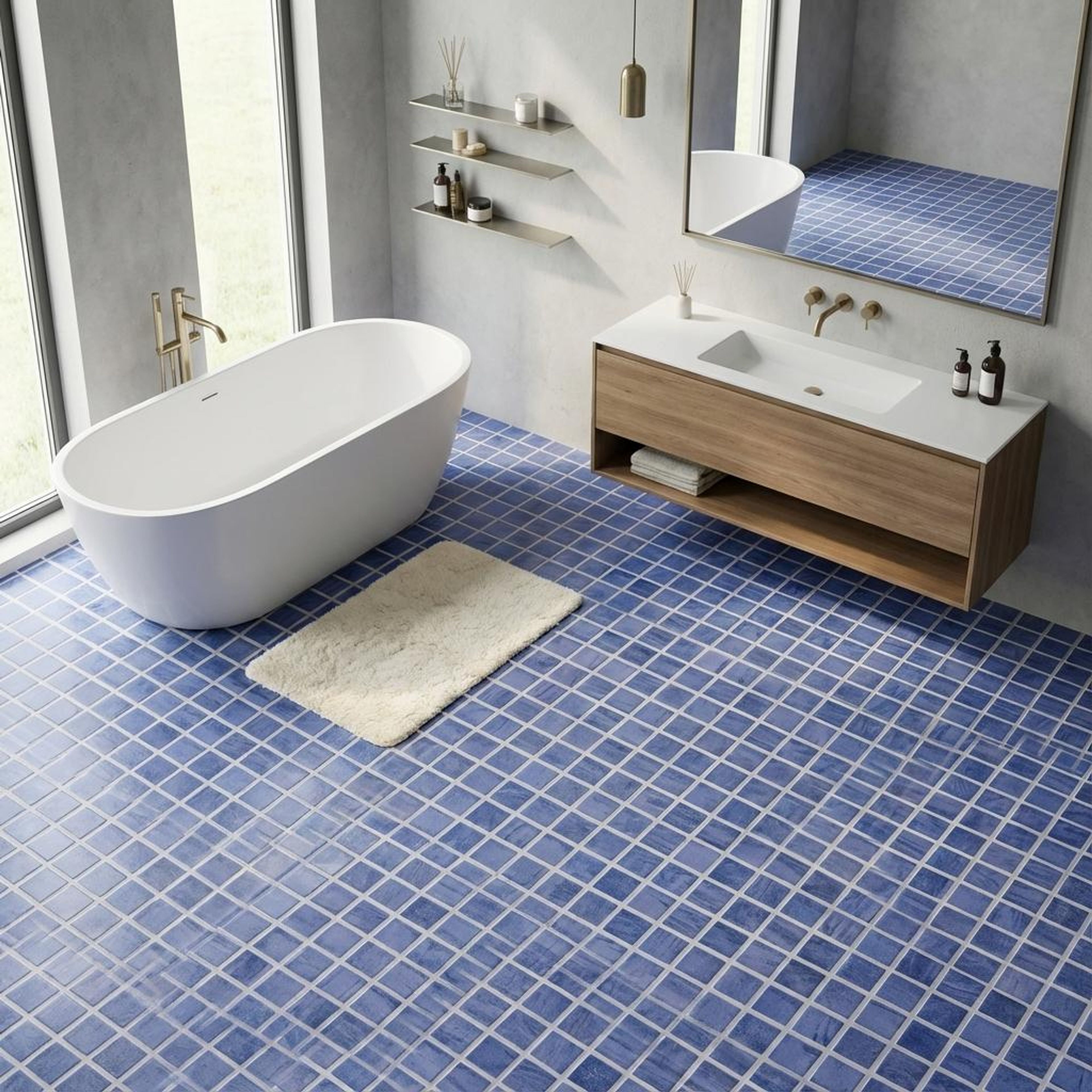 Roman Sterling Mosaic, Blue, Zellige Chips, Tiles - Vitrified - Full Body, 1 x 1 ft, 9 mm