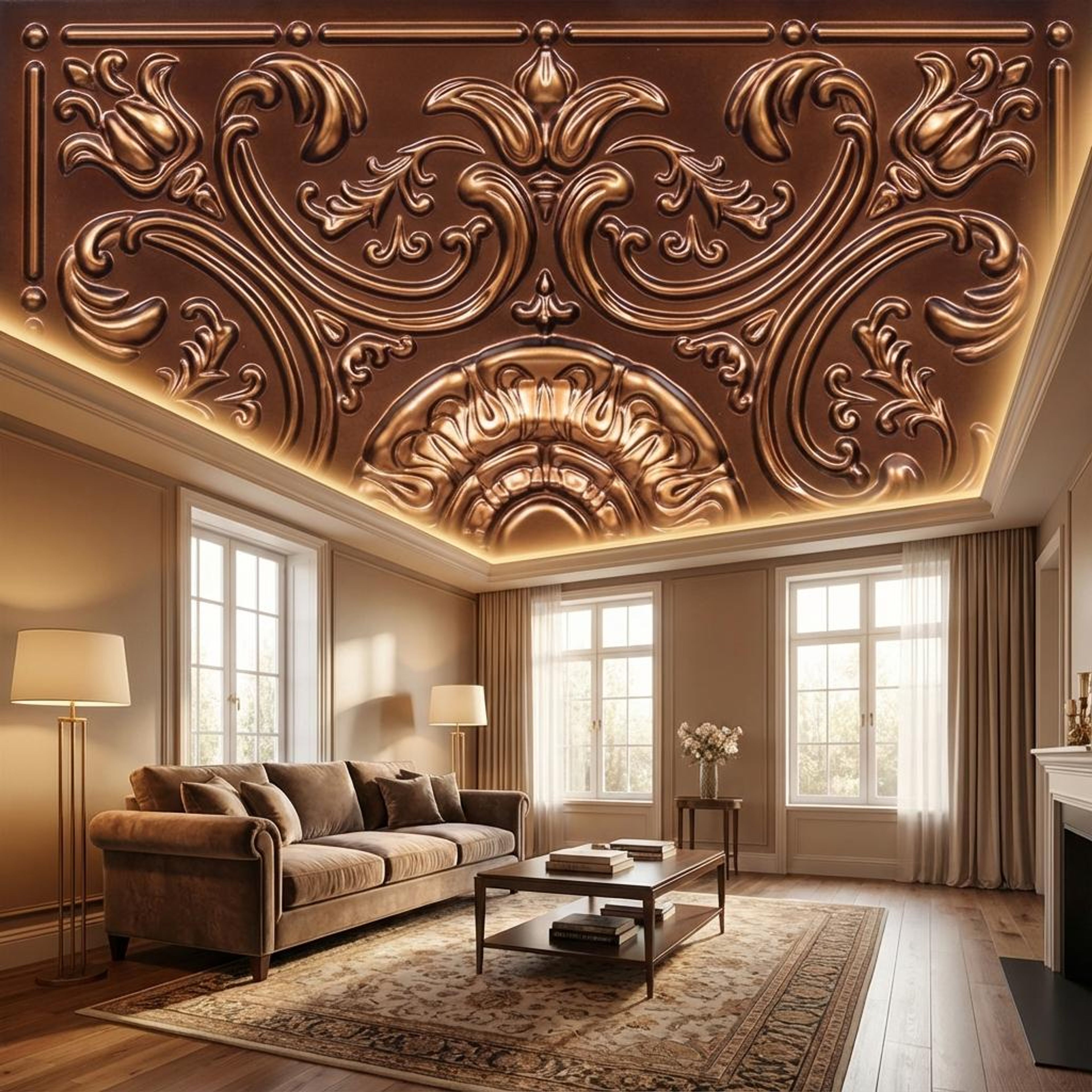 Sophisticated Brushed Gold - Baali Botanical - Gold, Brown - Decorative Ceiling Panel - 2 ft x 2 ft