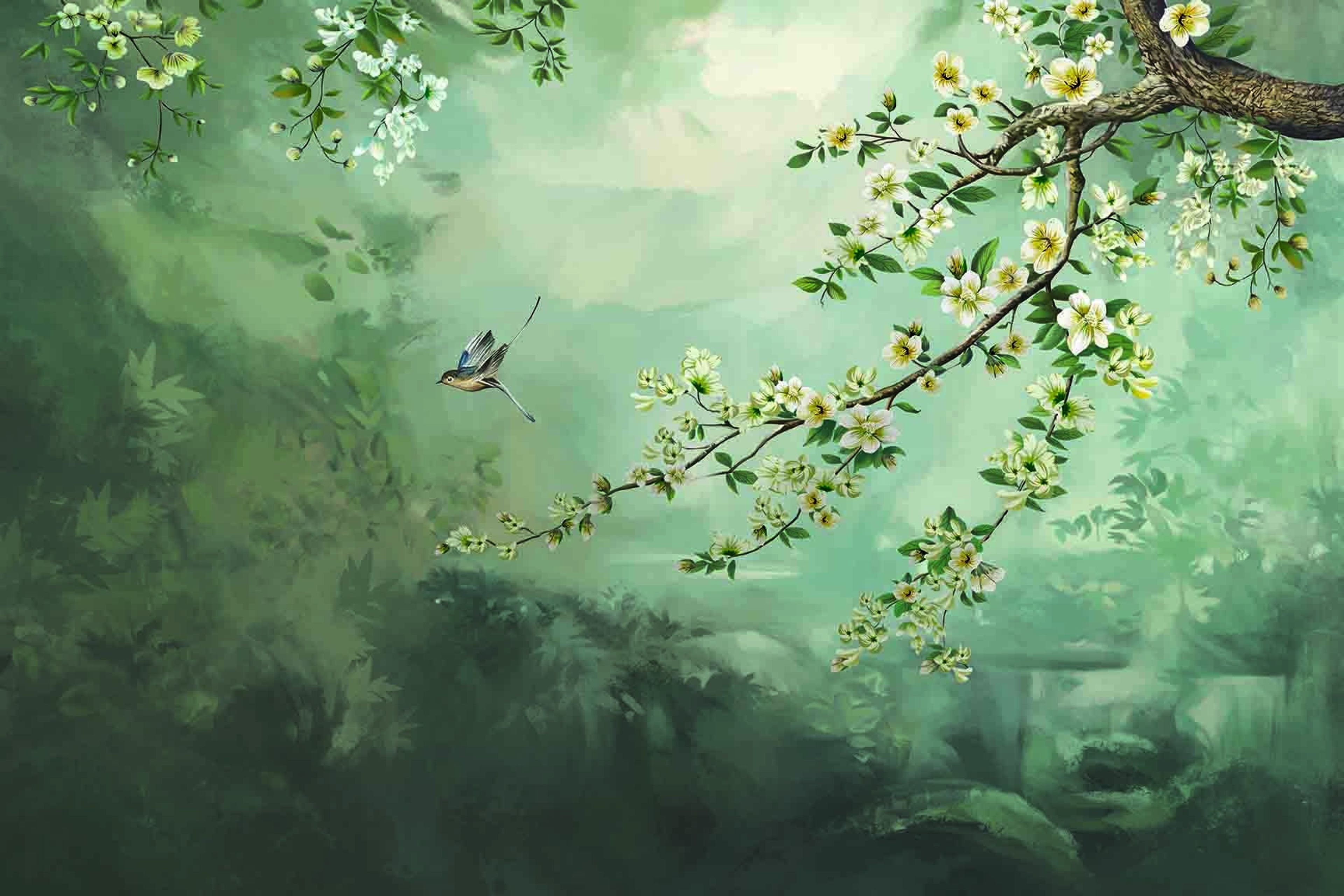 Tree of Songbirds, Whiskers & Blossoms, Wallpaper, 54 sft