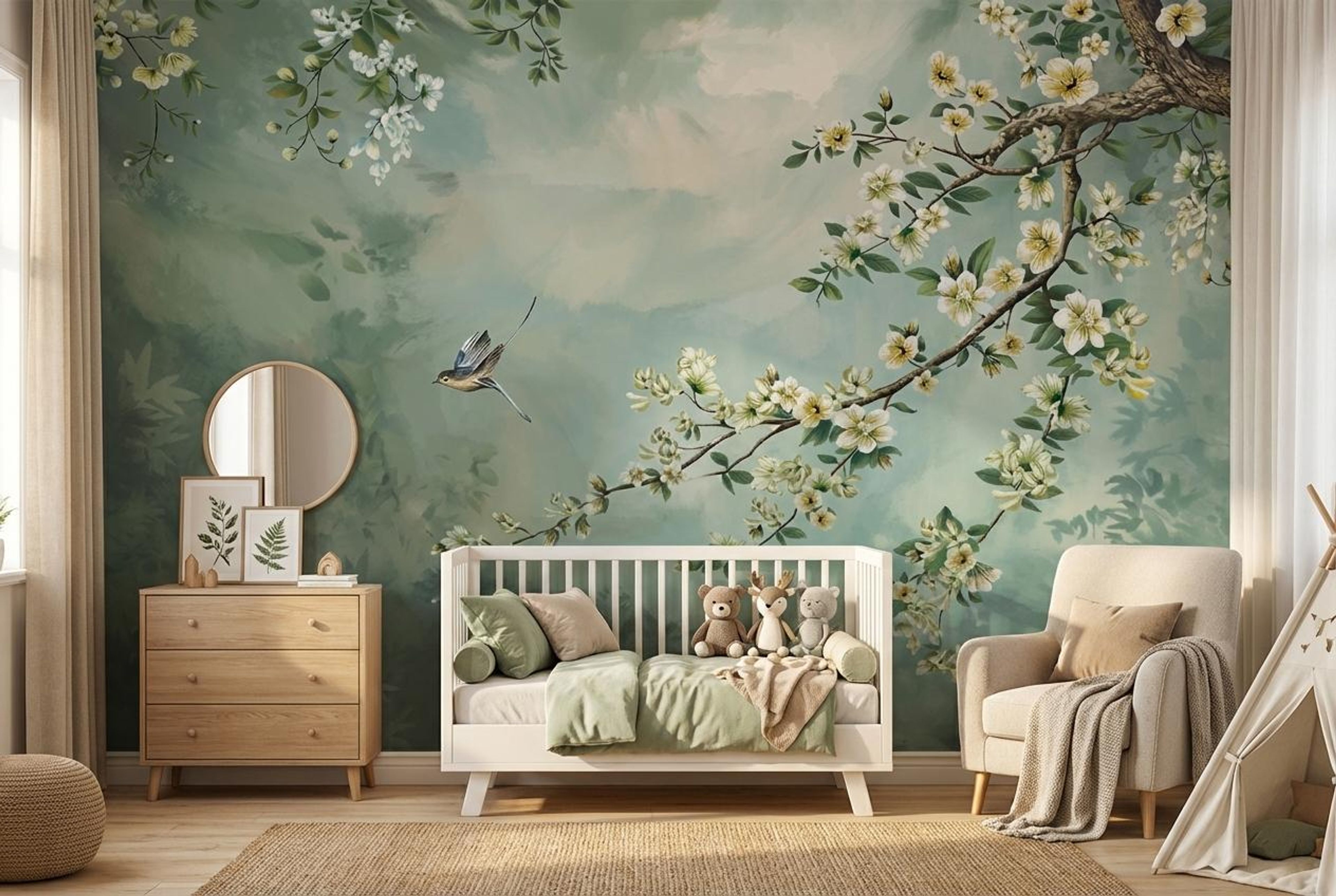 Tree of Songbirds, Whiskers & Blossoms, Wallpaper, 54 sft