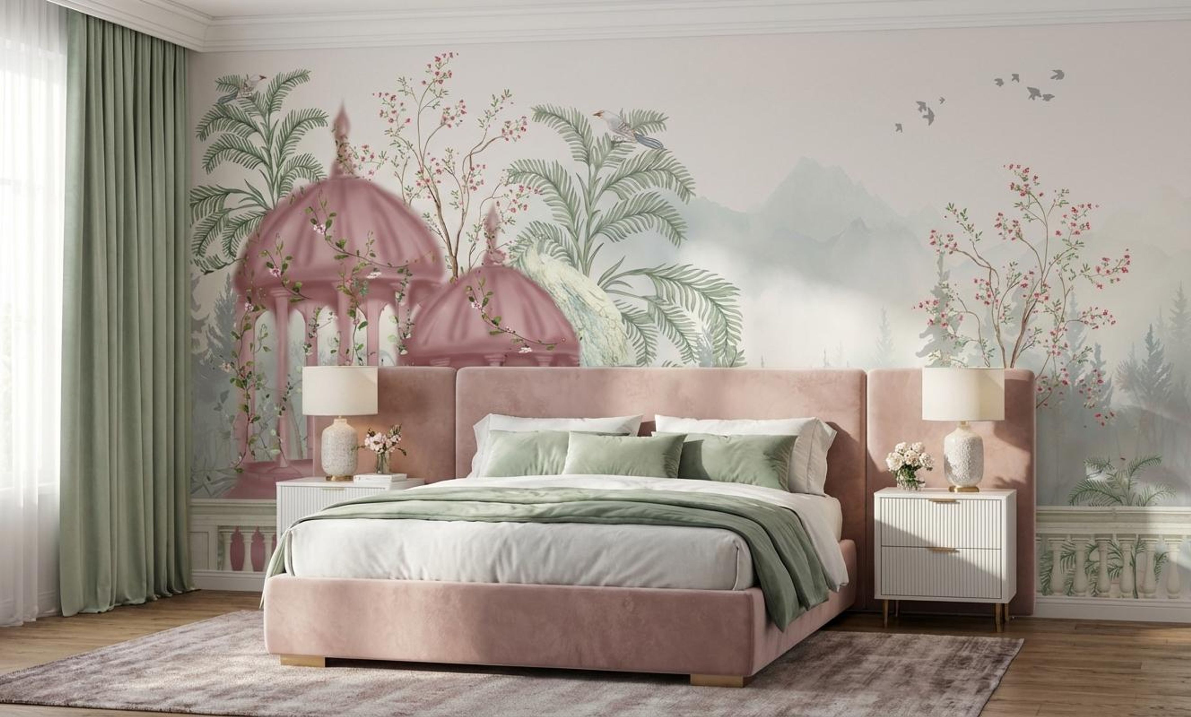 Courtyard Blooms, Scenic escape, Wallpaper, 54 sft