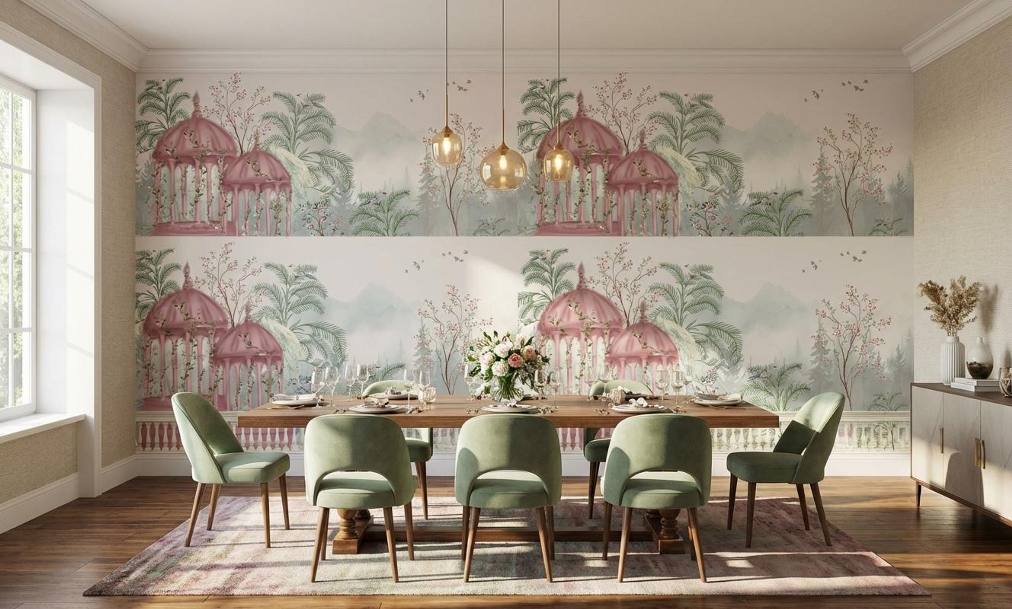 Courtyard Blooms, Scenic escape, Wallpaper, 54 sft