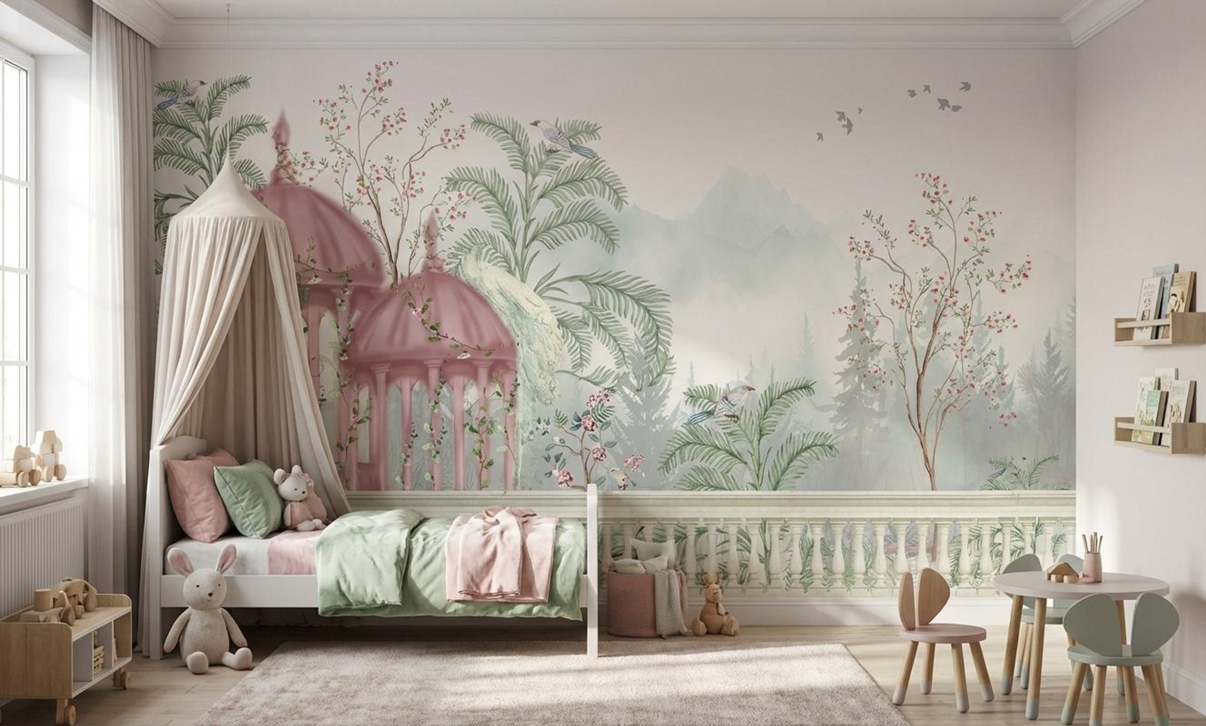 Courtyard Blooms, Scenic escape, Wallpaper, 54 sft